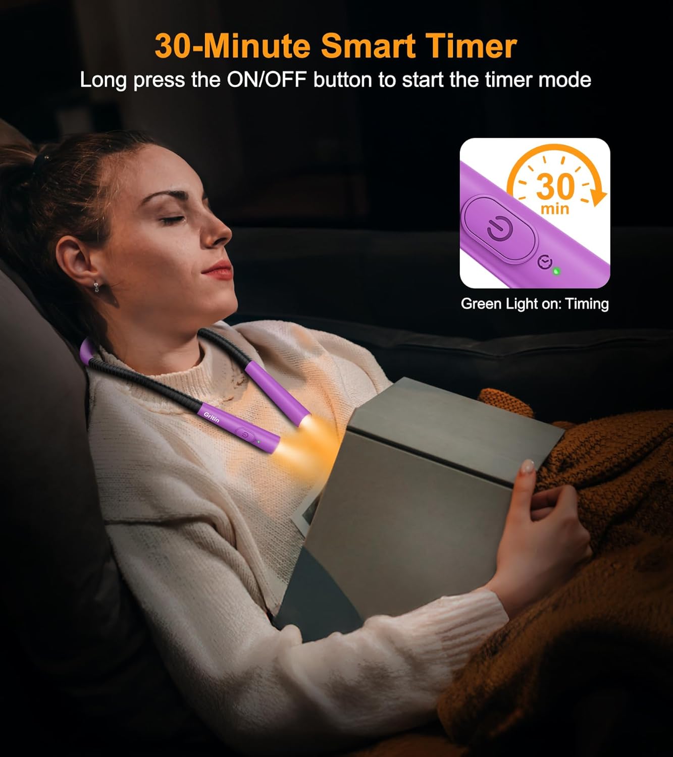 Gritin Book Light, Eye Caring 4-Color & 5-Brightness Neck Light Reading Light- Stepless Dimming,30-min Timer,80+ Hrs Runtime,Bendable Round Neck Design, Lightweight for Reading-Dark Purple