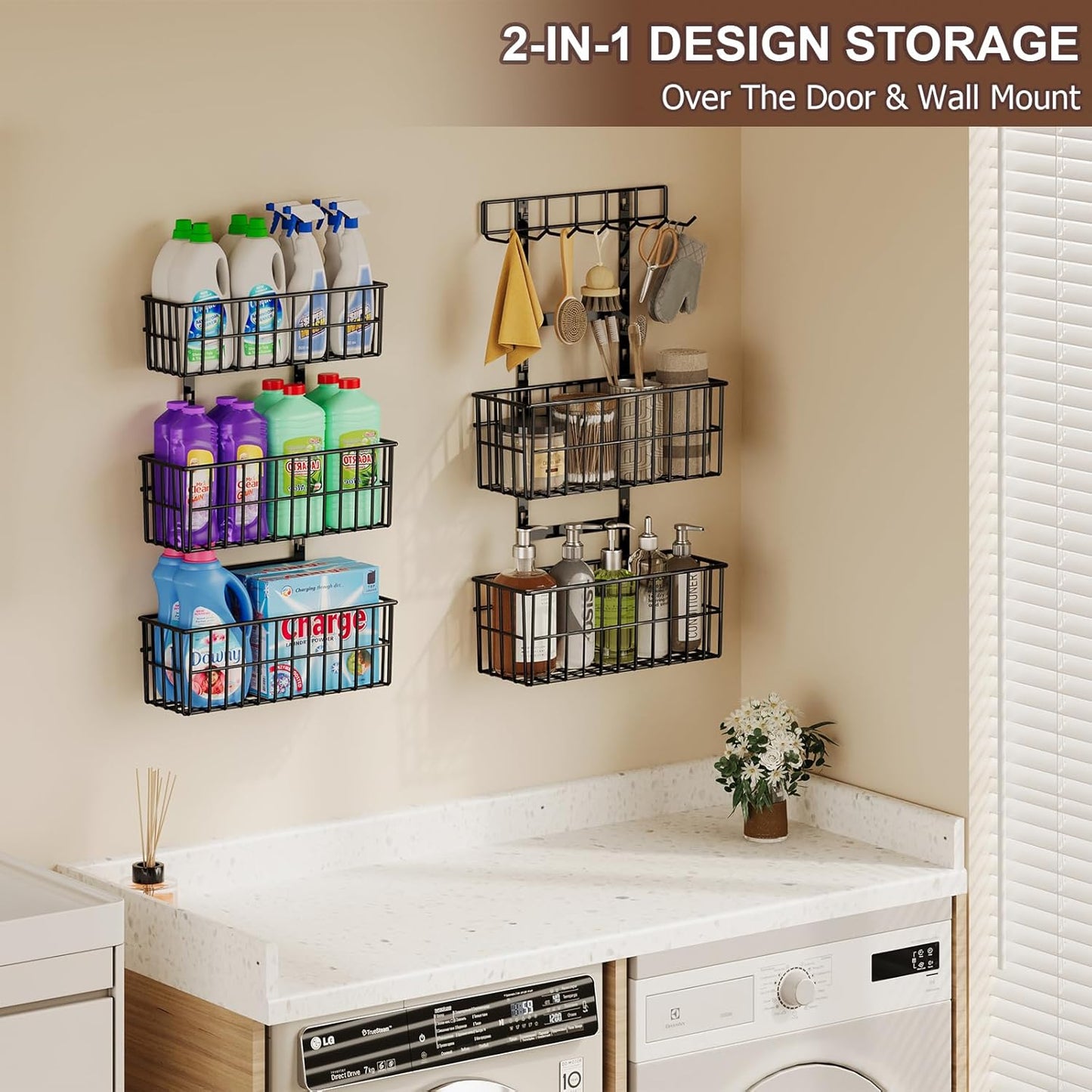 Hongtamoya Adjustable Over the Door Organizer, Metal Hanging Door Organizer with 5 Wire Basket 7 Hooks, Wall Mounted Shelf for Pantry Laundry Organization and Storage, Black