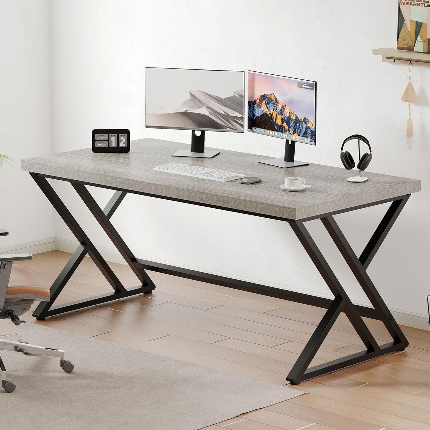 LVB Grey Desk, Industrial Wood Home Office Computer Desk for Bedroom, Farmhouse Metal Wooden Study Work PC Gaming Writing Table, Modern Simple Executive Writing Desk, 47 Inch, Light Gray