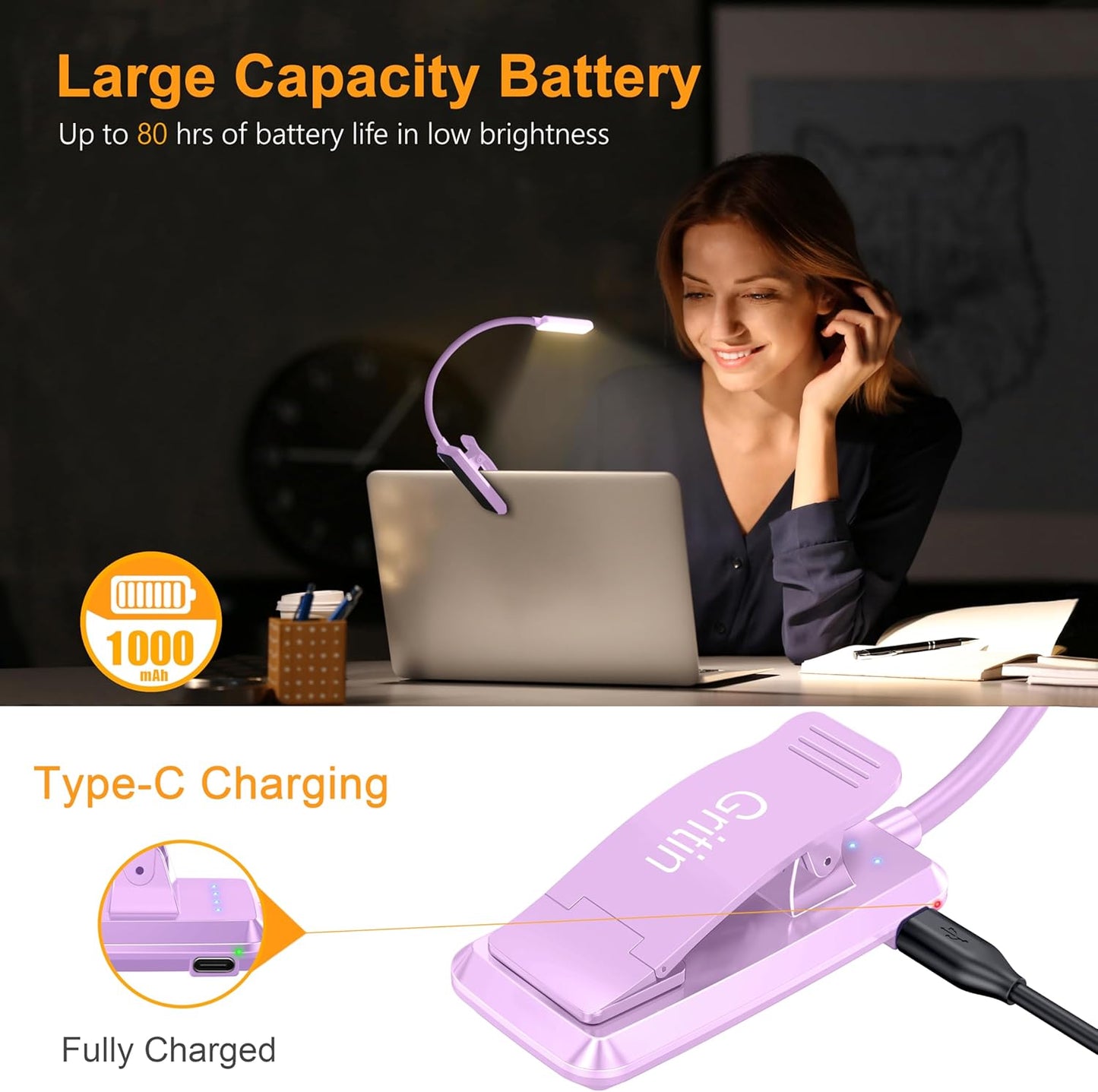 Gritin 9 LED Rechargeable Book Light for Reading in Bed - Eye Caring 3 Color Temperatures,Stepless Dimming Brightness,80 Hrs Runtime Small Lightweight Clip On Book Reading Light for Studying-Purple