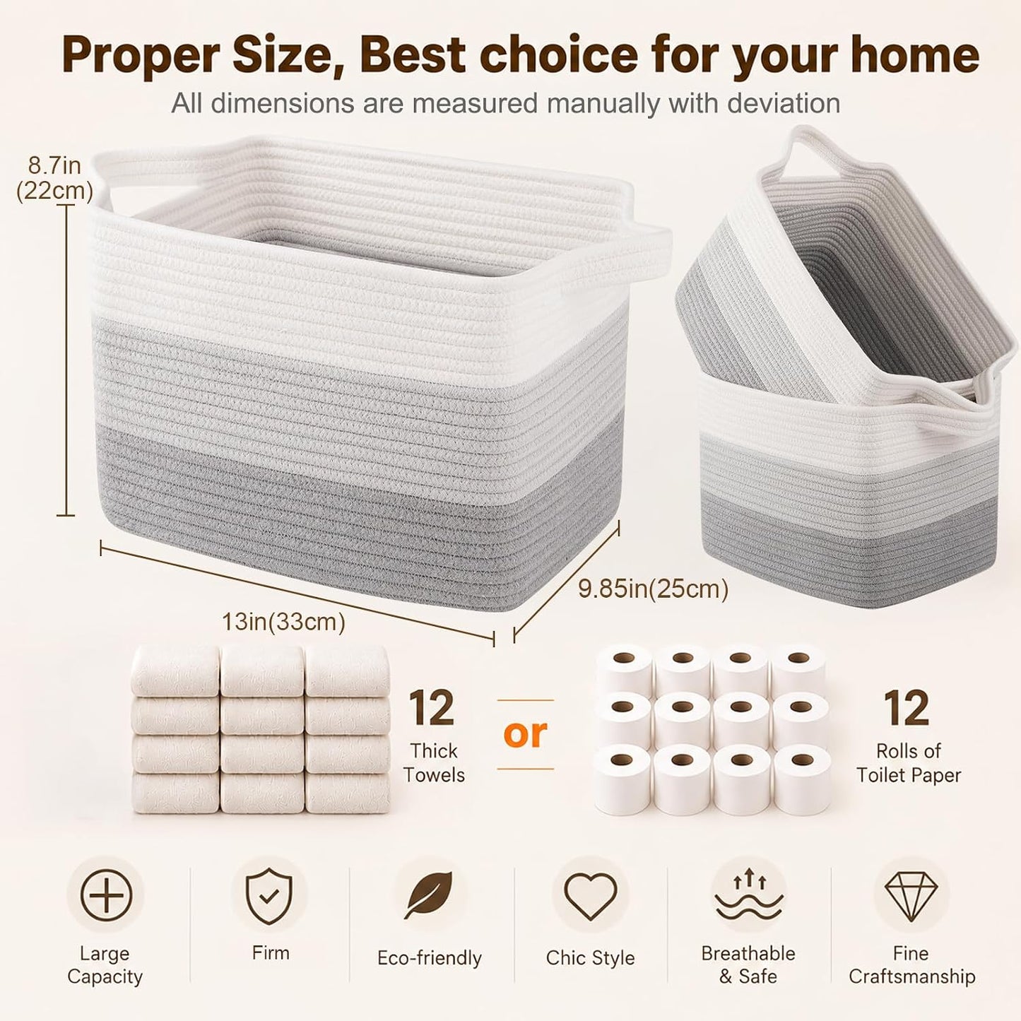 OIAHOMY Storage Basket, Woven Baskets for Storage, Cotton Rope Basket for toys,Towel Baskets for Bathroom - Pack of 3, Gradient Gray