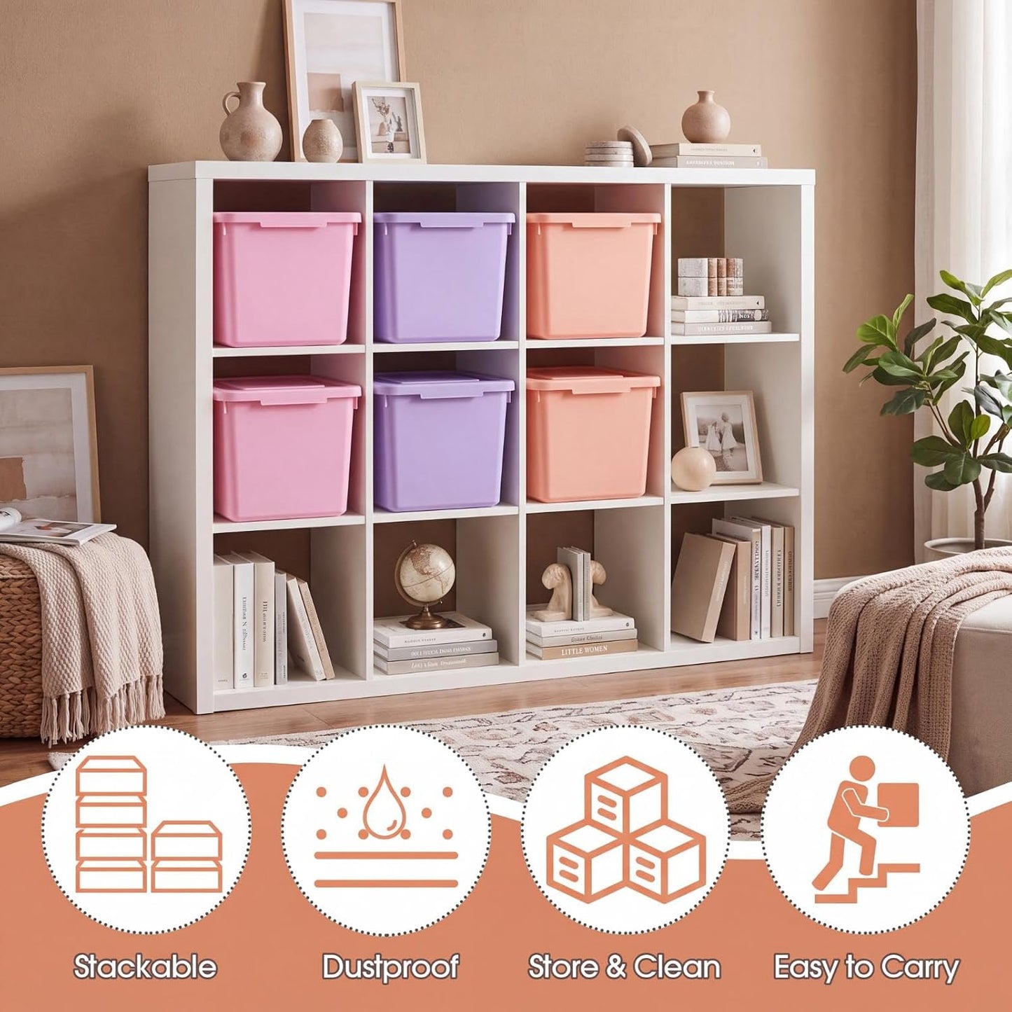 Potchen 6 Pack Small Stackable Storage Bins with Lids Plastic Storage Boxes for Classroom 9.8" ×7.3" ×5.7" Decorative Organizer Bins for Craft Art Office Teacher Supplies (Pink,Purple,Orange)
