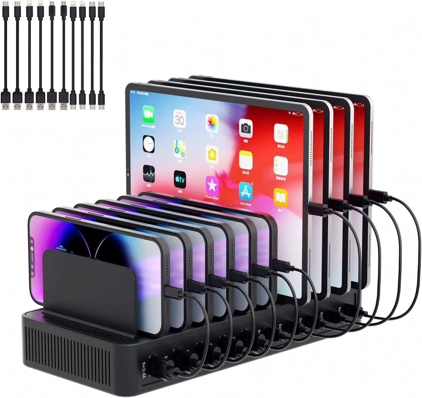 60W Charging Station for Multiple Devices, 10-Port USB Fast Charger | Device Organizer Charging Dock with 10 Mixed Charging Cable & Adjustable Dividers for iPhone, Android, iPad, Tablets & More