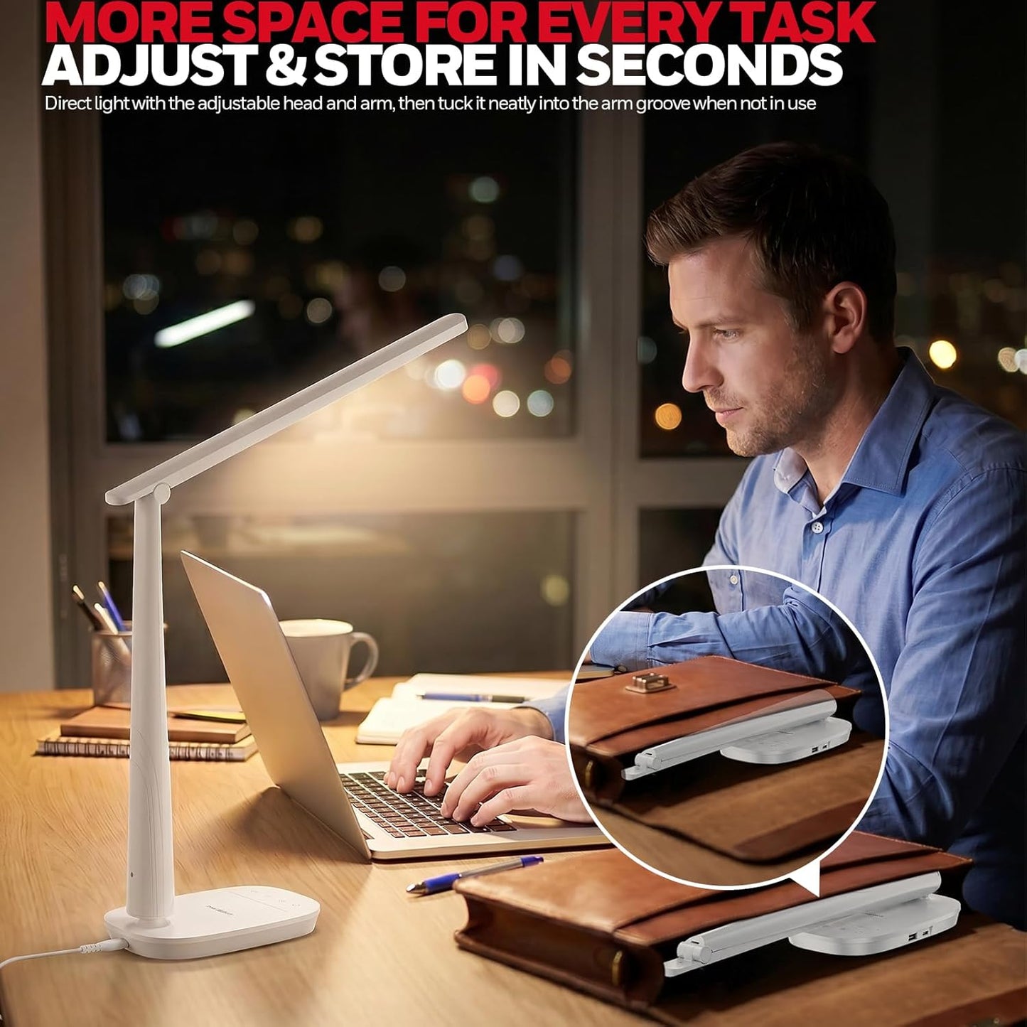 Honeywell LED Desk Lamp for Home Office, Eye-Caring Dimmable Reading Light with 4 Color Modes, Touch Control, USB-A & USB-C Charging Ports, Adjustable Head, Timer for Bedroom & Small Desks