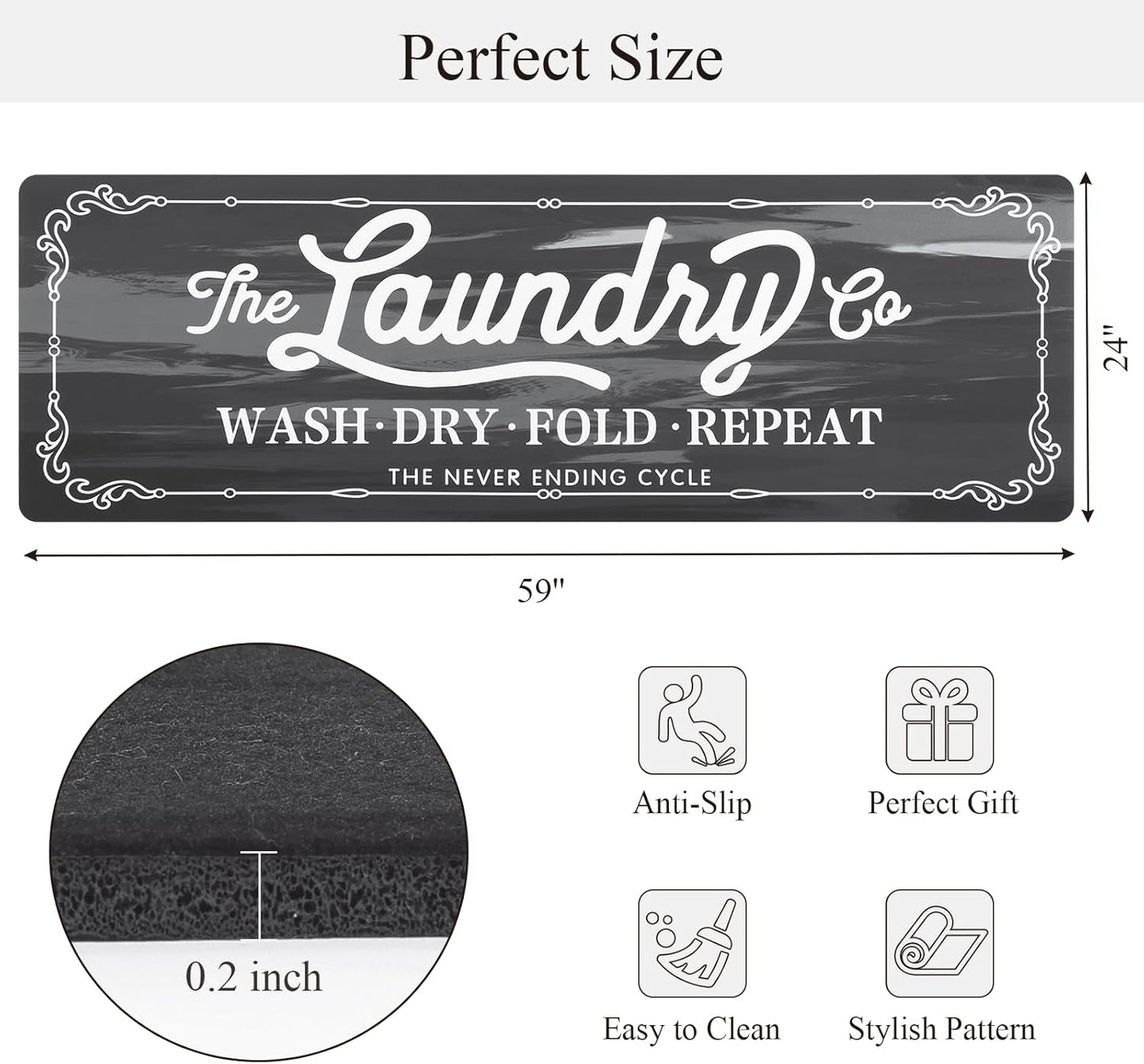 Pauwer Laundry Room Rug Runner 24"x60" Waterproof Rubber Laundry Mat Non Slip Kitchen Mats for Floor Washable Floor Mat Runner Rug for Farmhouse Mudroom Washroom Bathroom Decor