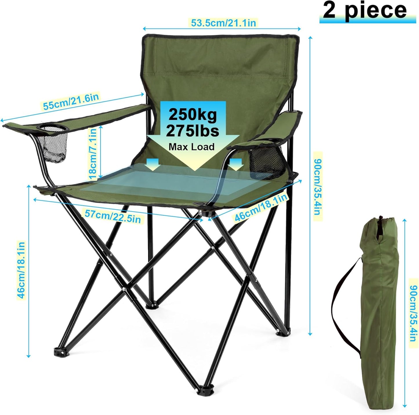 HaSteeL Camping Chair for Adults, Folding Beach Chair Set of 2, Large Foldable Portable Chair for Outdoors Fishing, Hiking, Sporting, Travel, Picnic, Lawn, Hold 275lbs & A Storage Bags (Green)