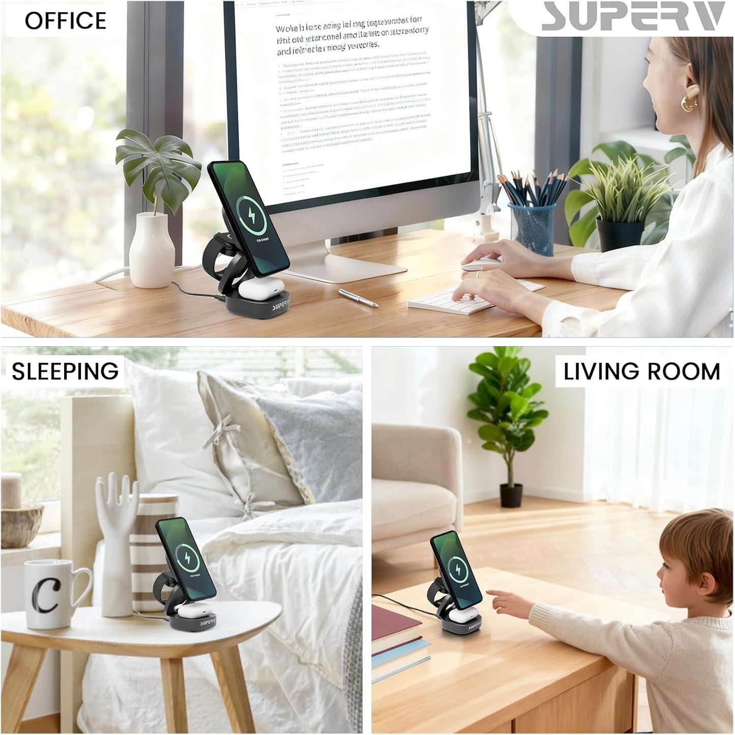 SUPERV 3-in-1 Wireless Charging Station: Charger Stand for Multiple Devices for Apple - iPhone 17/16/15/14/13/12 Series, Apple Watch, Airpods, Portable Travel Charging Station (Black)