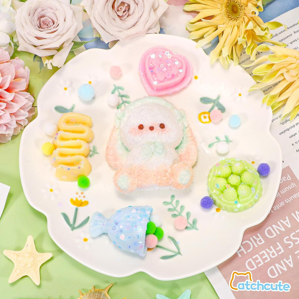CatchCute Squishies Toys Set 5PCS, Squeeze Toys Stuffed Bunny Cake Dessert Flower Sensory Fidget Toys for Anxiety Relief, Desk Sticky Toys Party Favors Birthday for Boys and Girls