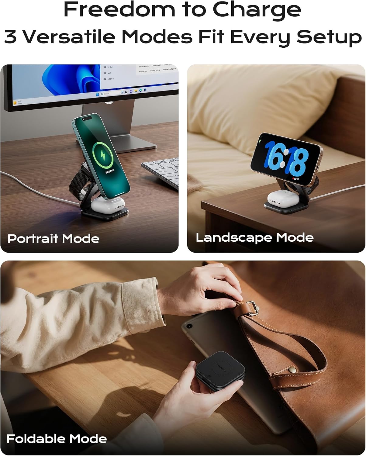 KU XIU Qi2.2 25W Magnetic Wireless Charger, Foldable 3 in 1 Travel Charging Station for iPhone 17/16/15/14/13/12, 5W for Apple Watch & AirPods, Aluminum Alloy Design, 45W GaN Adapter Included, Black