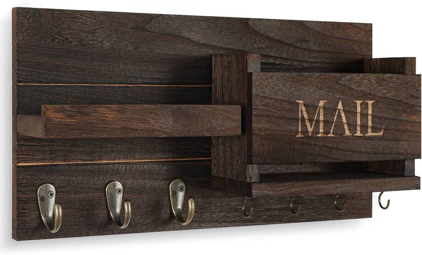 Lwenki Mail Organizer for Wall Mount – Key Holder with Shelf Includes Letter Holder and Hooks for Hallway Farmhouse Decor – Rustic Wood with Flush Mounting Hardware (16.5” x 9.1” x 3.4”) (Brown)