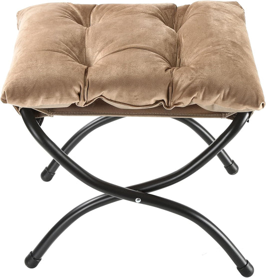 15" Upholstered Folding Foot Rest Stool with Foldable Metal Frame Khaki