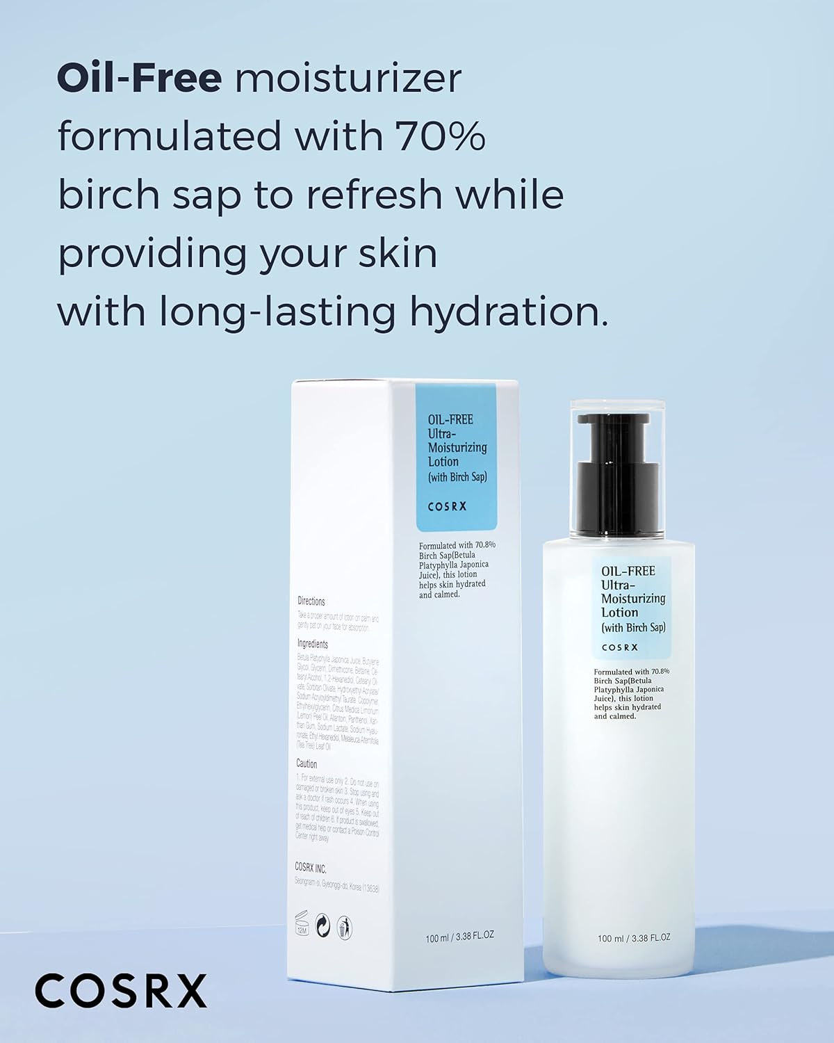 COSRX Oil Free Lotion with Birch Sap, Daily Acne Facial Moisturizer, Hydrating Moisturizer for All Skin Types, Korean Skin Care, 3.38 fl.oz / 100ml