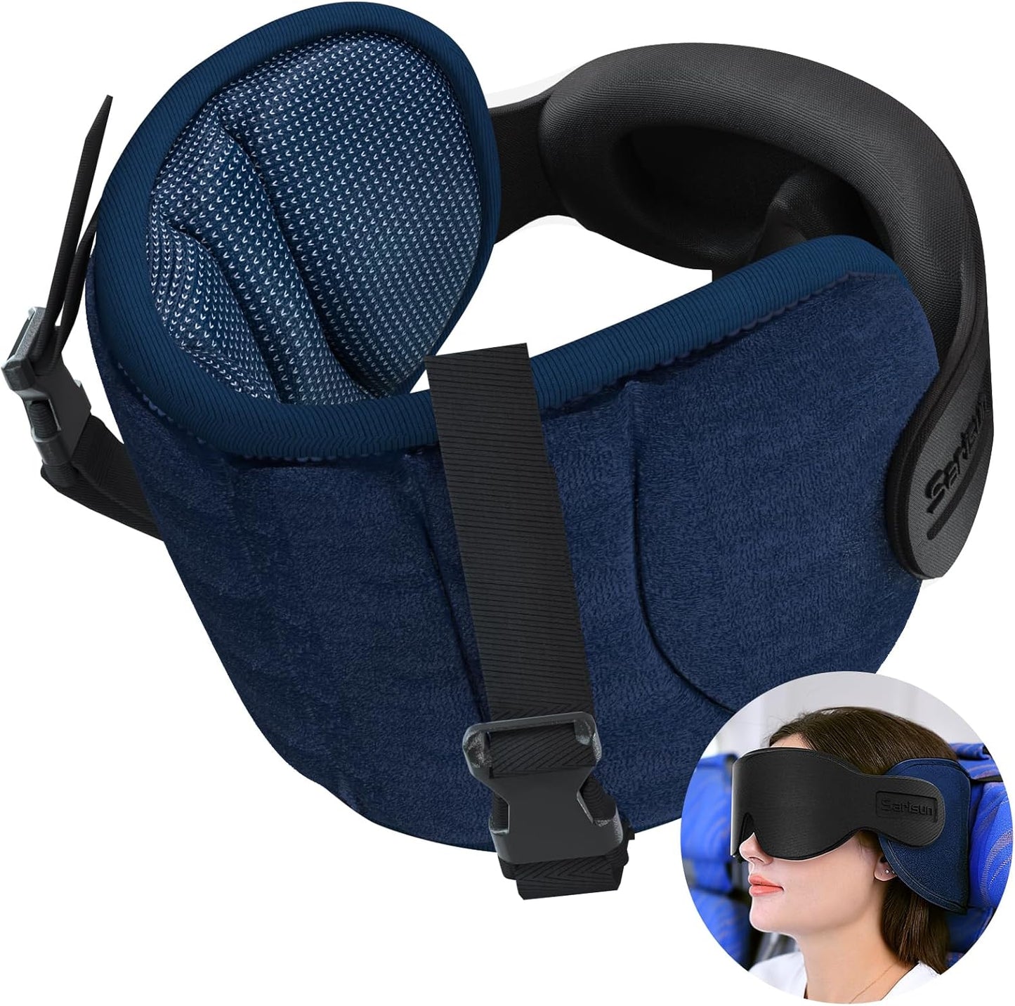 SARISUN Travel Pillows for Airplanes, Airplane Pillow for Long Flight, Airplane Head Strap with Sleep Eye Mask, 360° Support Headrest for Car Trip, Travel Essentials Stop Bobblehead, Mottled Blue