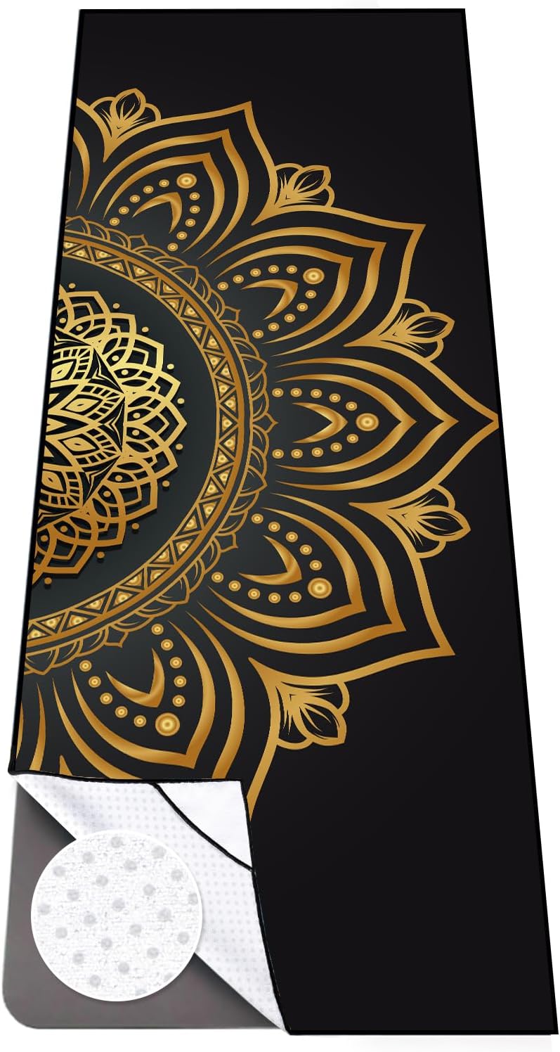 Hot Yoga Towel with Grip Dots, Non Slip, 74"x26", Gold Mandala