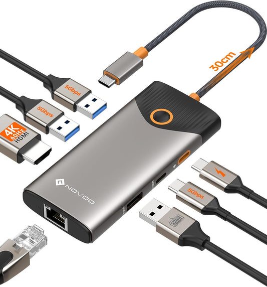 NOVOO USB C Hub Ethernet 4K@60 USB C HDMI Adapter Multiport Type C Adapter, 100W PD, 5Gbps USB-A/C Data Ports Docking Station Compatible for MacBook/iPhone/Dell/HP/Surface
