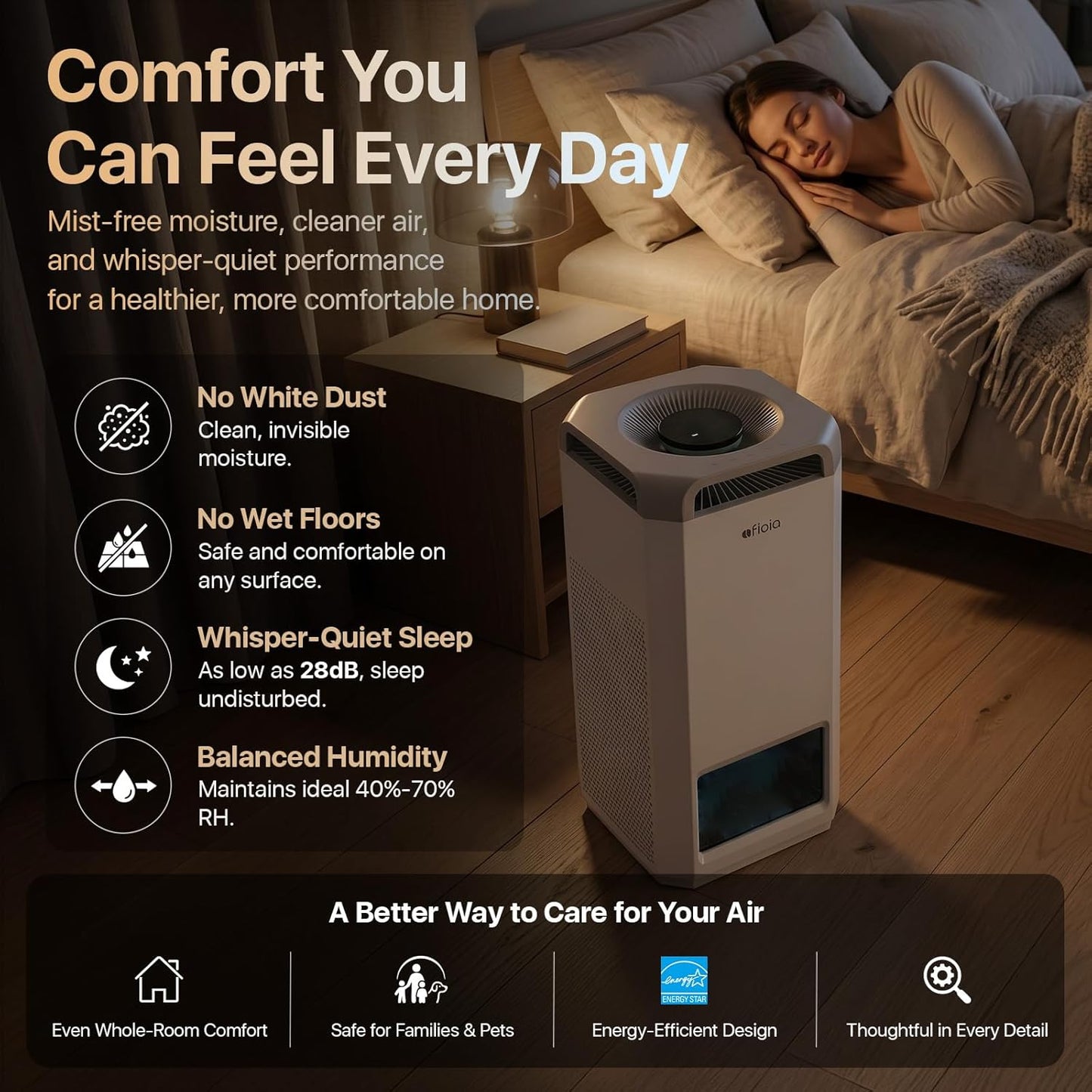 Afloia Humidifier for Bedroom & Large Room – Mist Free Evaporative Humidifier and Air Purifier in One with 4-Way Airflow, Top Fill Design, Quiet Sleep Mode, Up to 20H Runtime, Auto Humidity Control