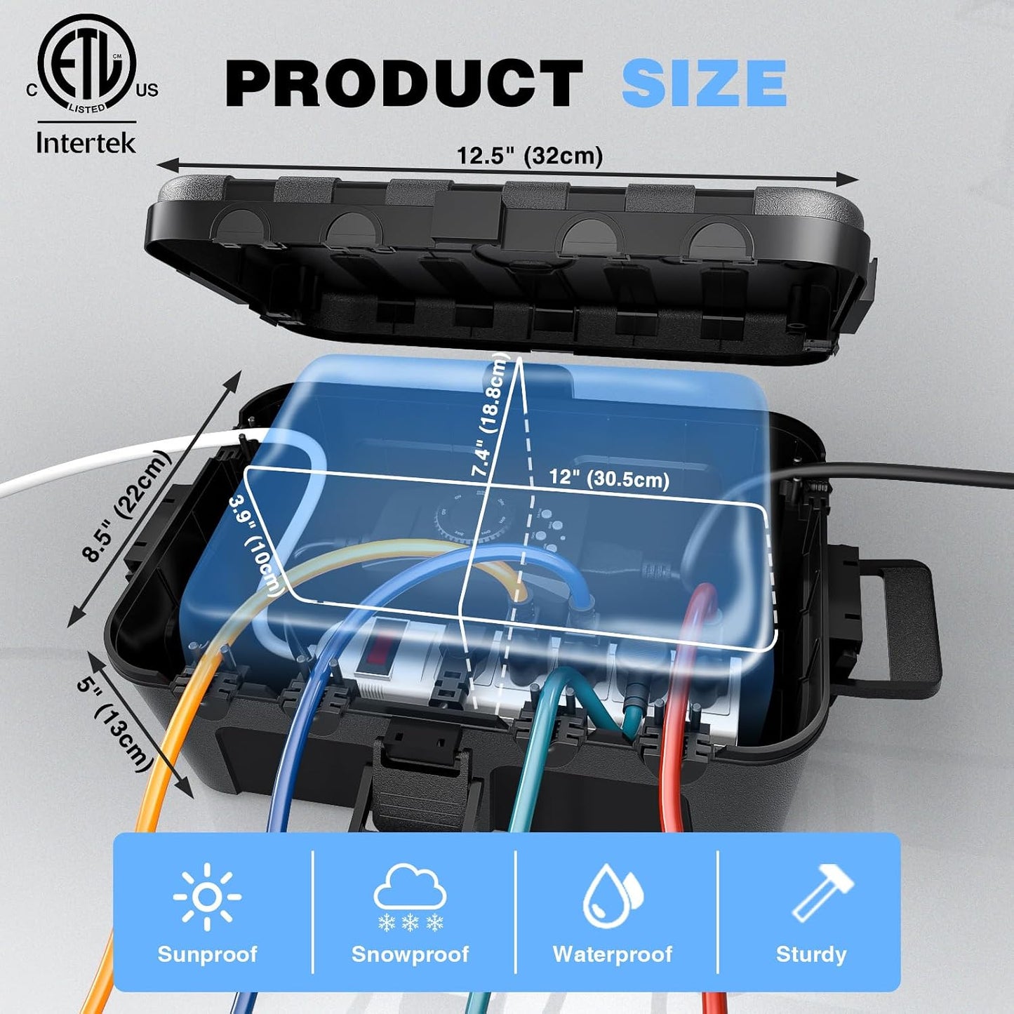 Flemoon Large Outdoor Electrical Box, Waterproof Extension Cord Cover | Inner Size 12 x 7.4 x 3.9 Inch, 6 Cable Entry Ports, IP54 Weatherproof Connection Box for Outlet, Timer, Holiday Light, Black