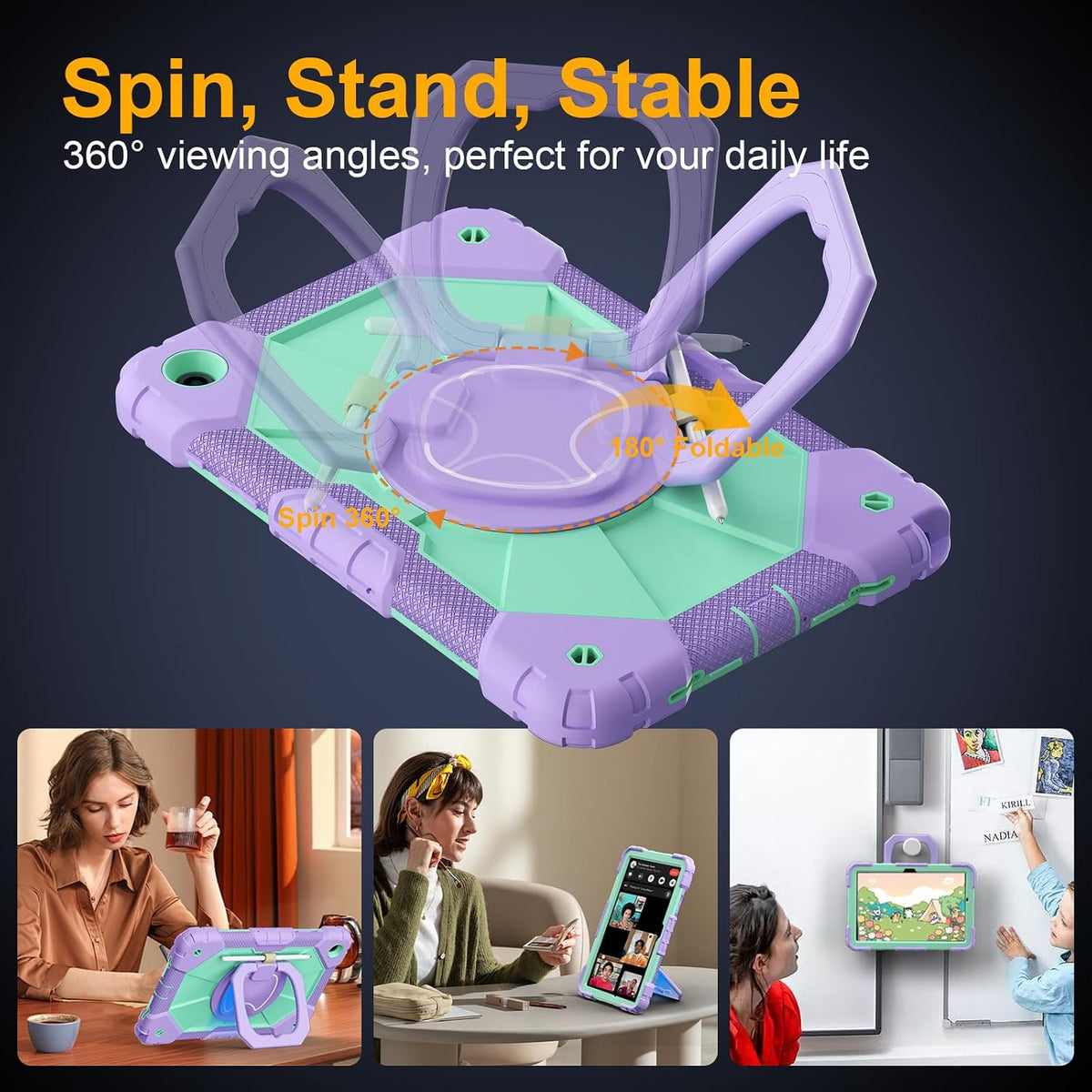 Case for Samsung Galaxy Tab A11+/A9+ Plus 11 Inch 2026/2024, Auorld Rugged Case for Samsung Galaxy A9+/A11+ Tablet with Screen Protector 360 Rotating Stand Shoulder Strap Pen Holder, Purple Mint