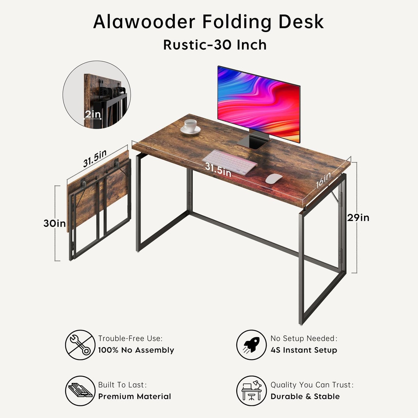 alawooder Folding Desk - 31.5" Wood Top Foldable Desk for Small Spaces | No Assembly Required Compact Desk for Home Office, Writing, and Study