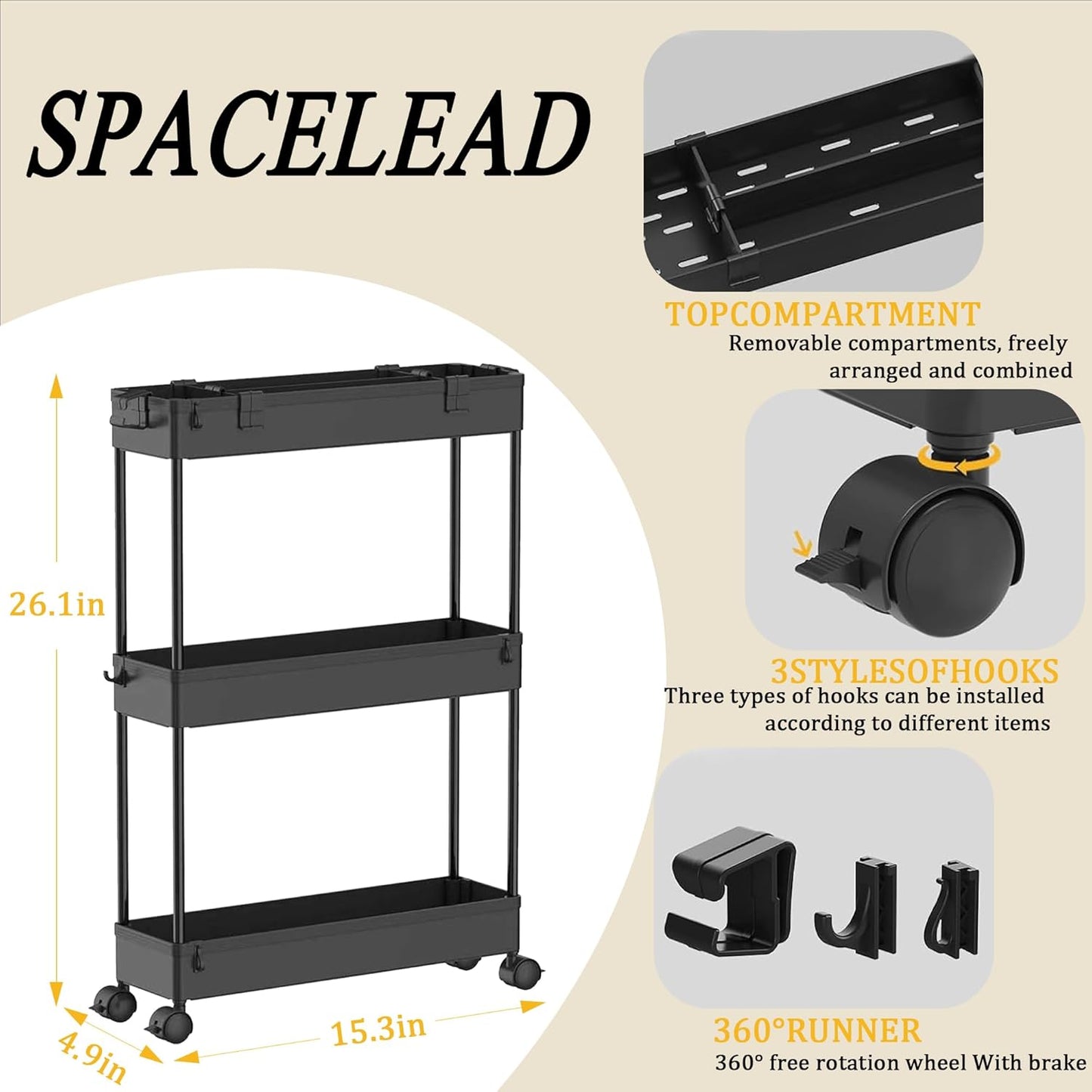 SPACELEAD Slim Storage Cart 3 Tier,Bathroom Organizer Rolling Utility,Mobile Shelving Unit Slide Out for Office, Kitchen, Laundry Room & Narrow Places,Black