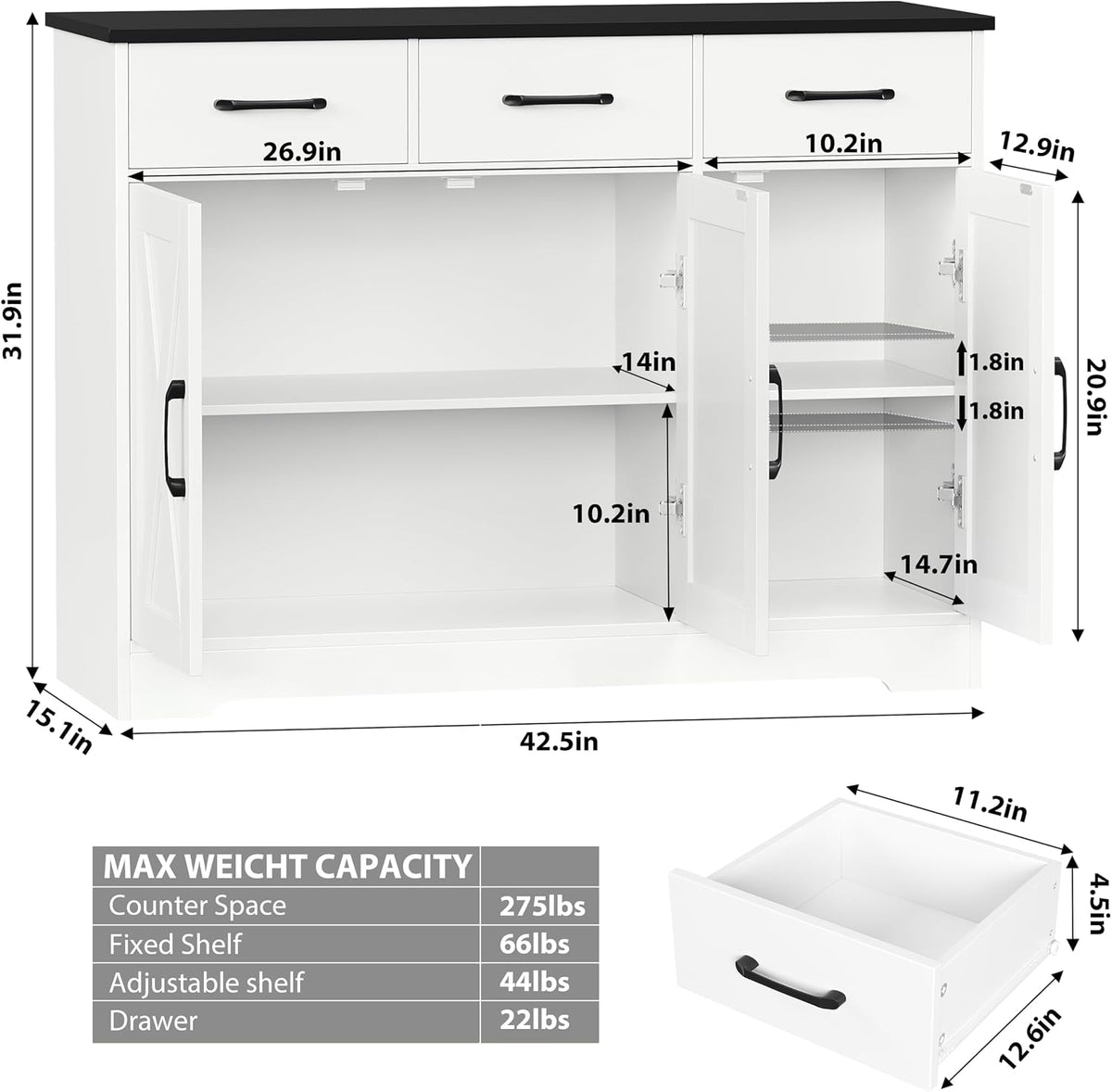 HOSTACK Kitchen Buffet Cabinet with Storage, Sideboard Coffee Bar, White | Farmhouse Kitchen Storage Cabinet with 3 Drawers & Adjustable Shelf & Doors, 42.5"W Buffet Table for Dining Living Room