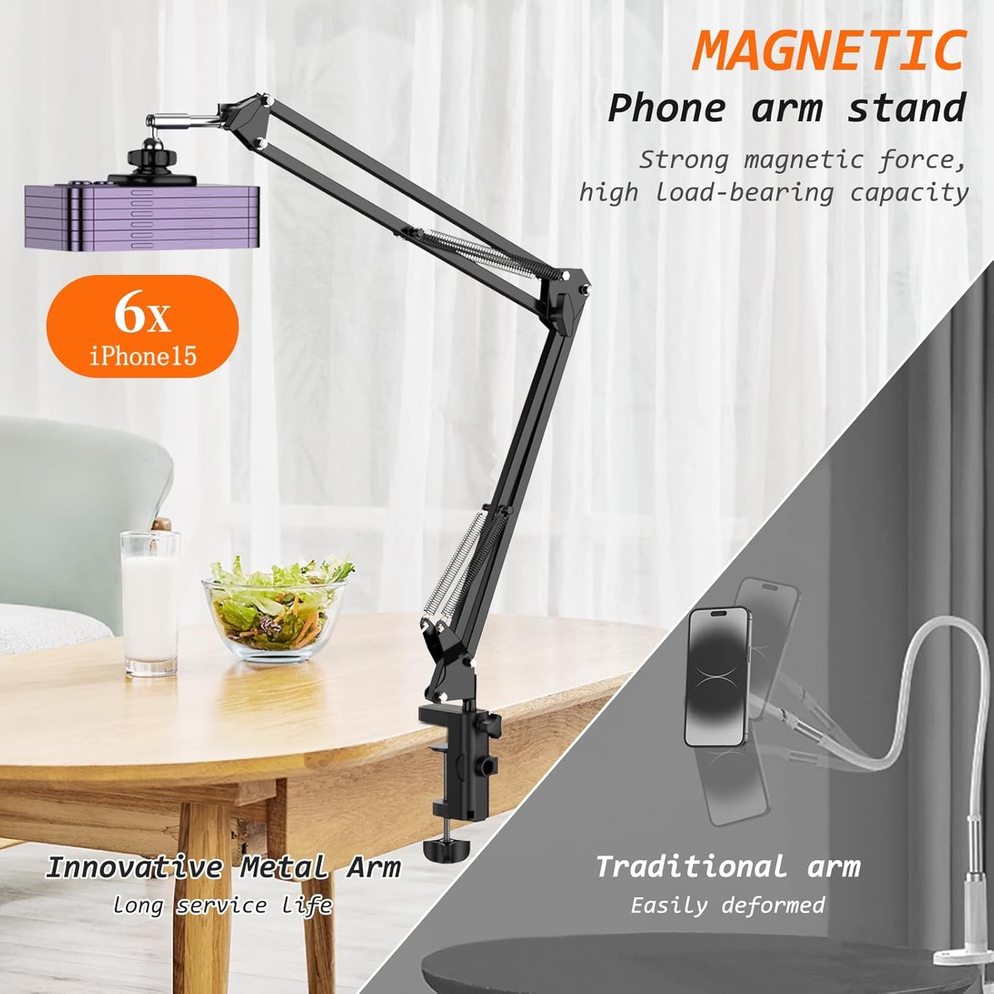 VRIG Magnetic Phone Holder Mount for Bed, Magsafe Flexible Arm Overhead Desk Phone Mount Stand, Adjustable Bedside Laying Down Tablet Mount for iPhone17 16 15 14, Men