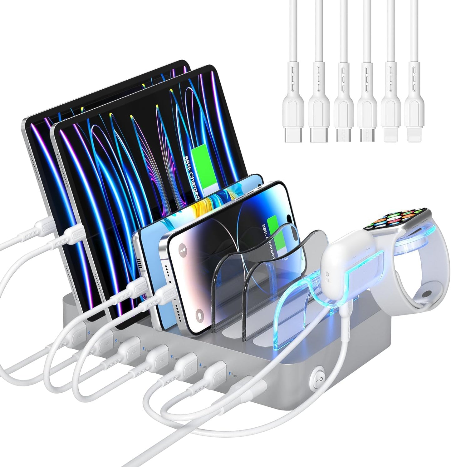 SooPii Premium 6-Port USB Charging Station Organizer for Multiple Devices | Included 6 Short Charging Cables and One Upgraded i-Watch Charger Holder for Phones,Tablets and Other Electronics, Silver