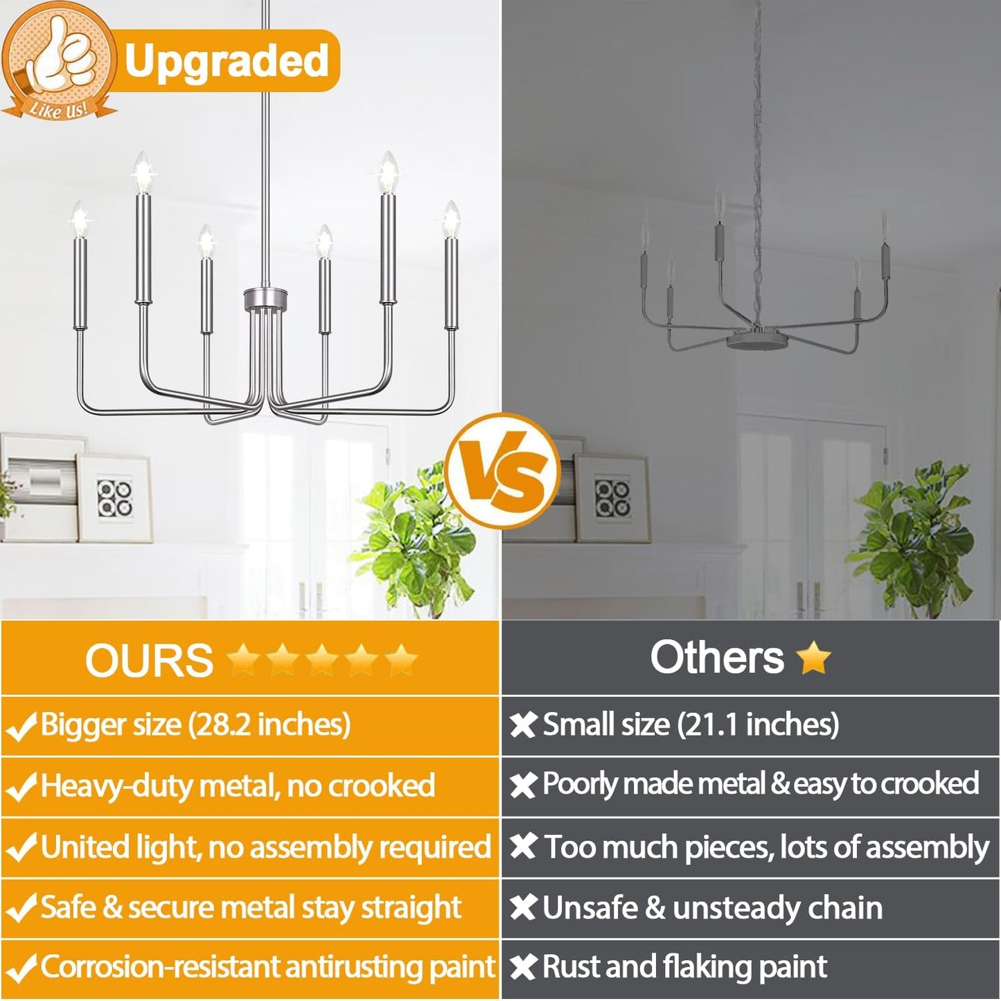 6-Light Farmhouse Chandelier for Dining Room Lighting Fixtures Hanging, Brushed Nickel Dining Light Fixtures Industrial Chandelier for Bedroom, Foyer, Hall, Kitchen, Living Room and Entryway