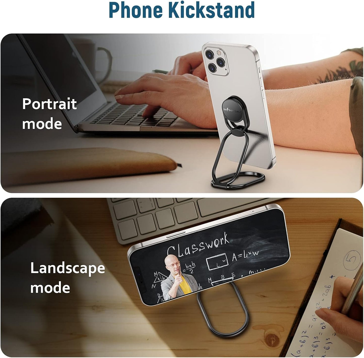 Phone Ring Holder Finger Kickstand 360°Rotation Cellphone Back Grip Foldable Cell Phone Stand for Desk Compatible with iPhone iPad Smartphones Tablets (Black)