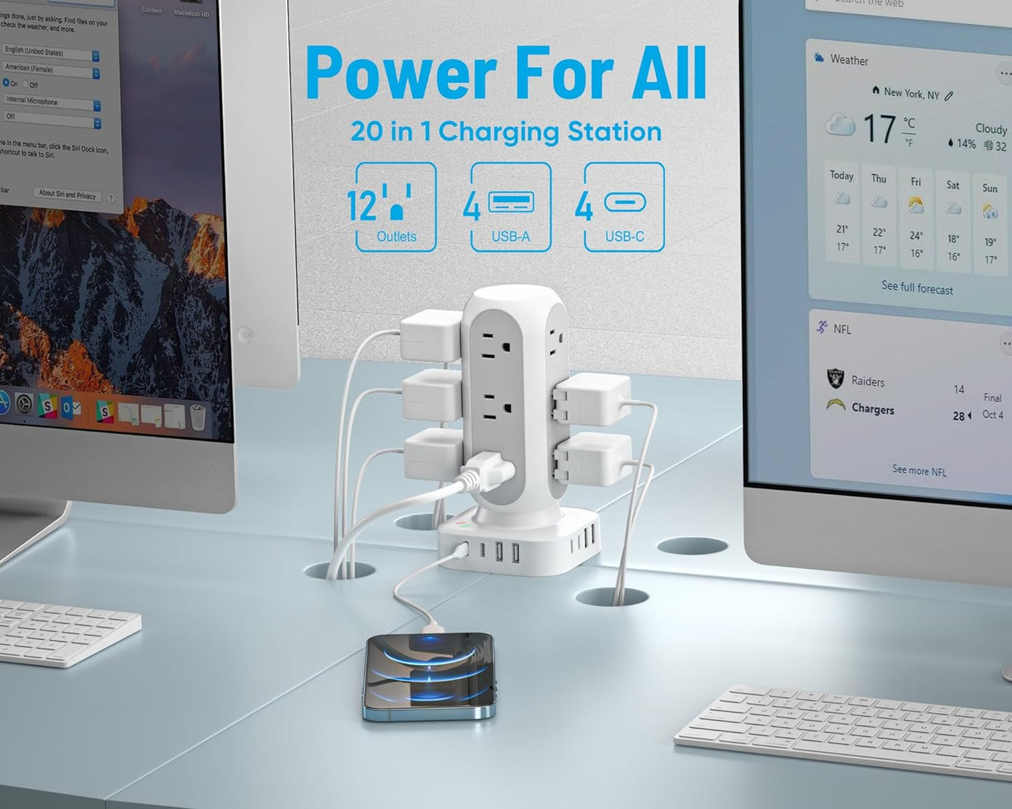 Flat Plug Power Strip Tower 10FT, 40W Total Fast Charging Station, Dual PD 20W USB-C Charger Tower with 12 AC Outlets and 8 USB Ports (4 USB C), Long Extension Cord for Home Office Dorm Room