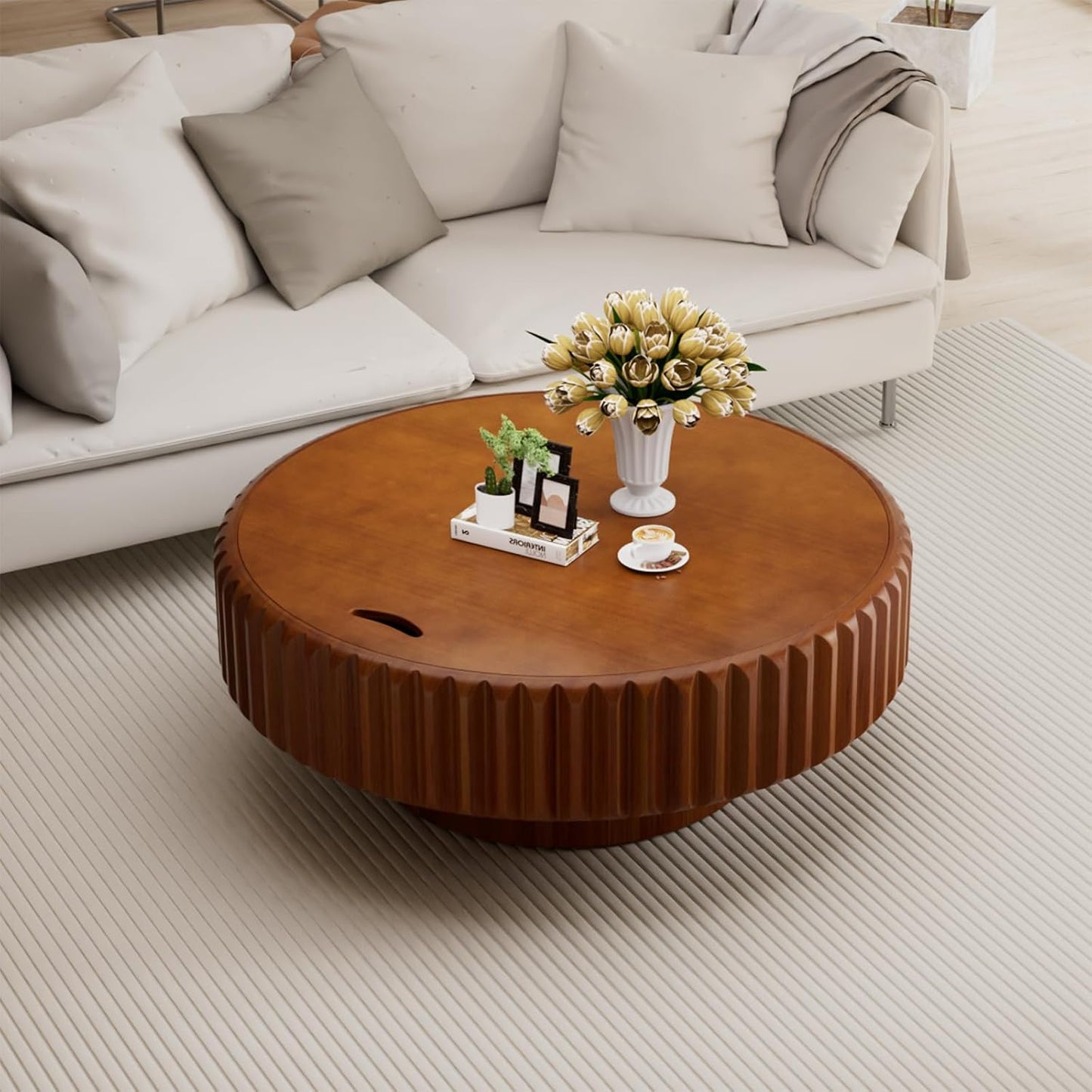 31.5'' Round Coffee Table with Storage for Living Room, Modern Circle Drum Fluted Coffee Table with Wood Veneered Circle Center Tables for Small Space Apartment (A31.5IN)