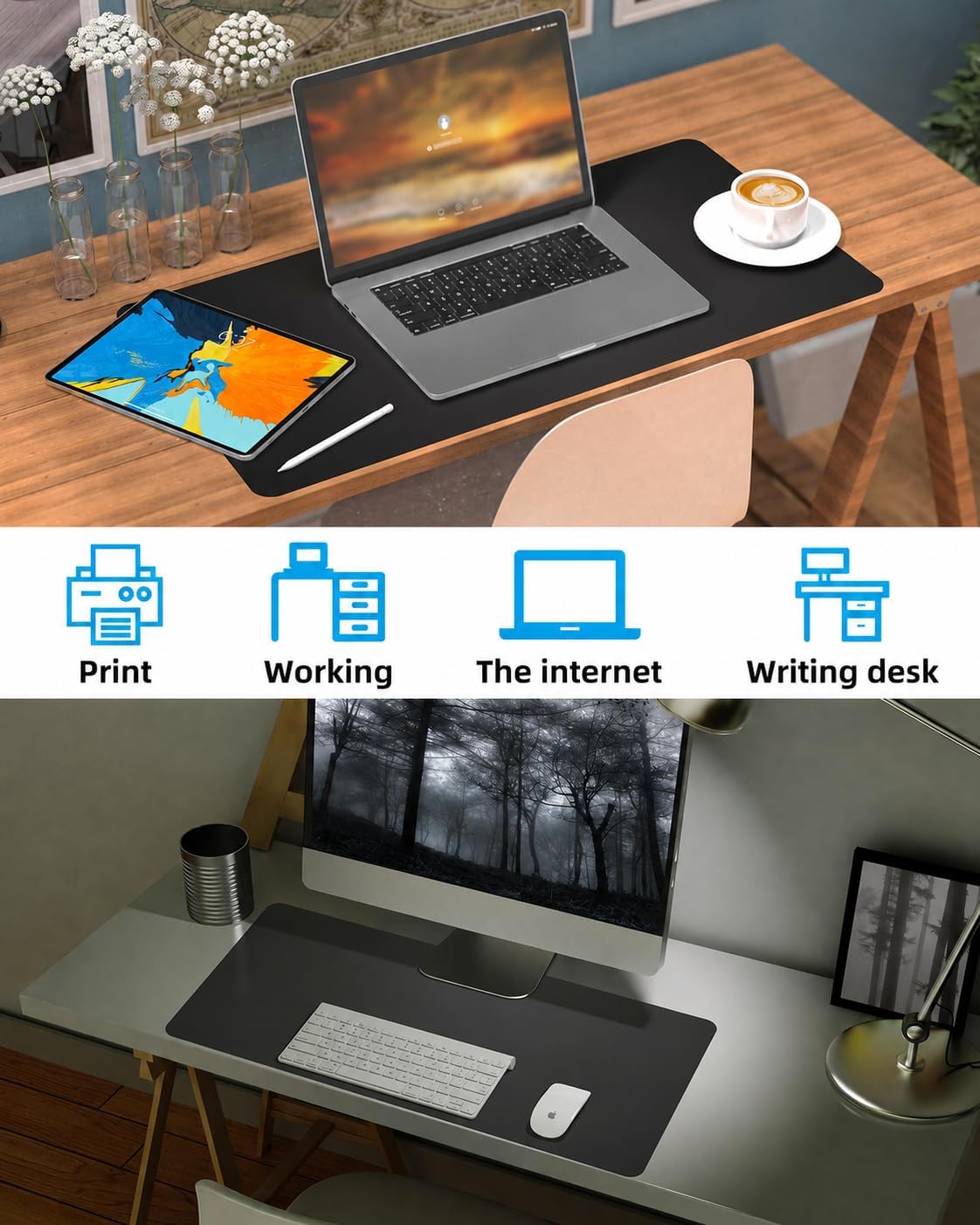 Leather Desk Pad Protector, Small Desk Mat,Office Desk mat,Computer and Laptop Mat, Non-Slip PU Leather Desk Blotter, Desktop Protector and Cover for Keyboard and Mouse(31.5"x15.7",Black)
