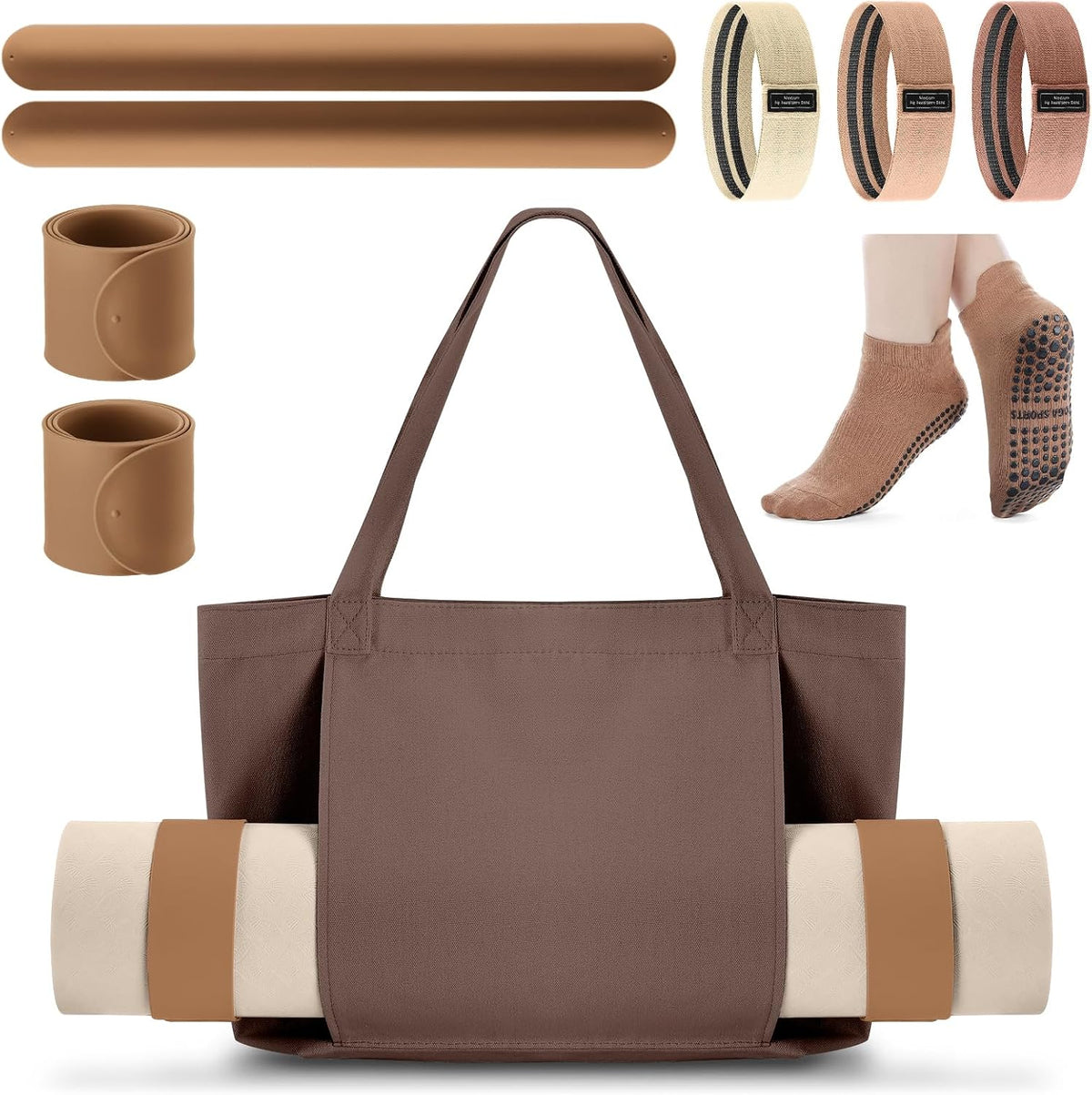 Halloscume Yoga Mat Bag Set for Women Including Yoga Tote Bag (Without Mat) Booty Resistance Bands Non Slip Sports Socks Silicone Ties for Pilates Travel Workout Office Home Gym