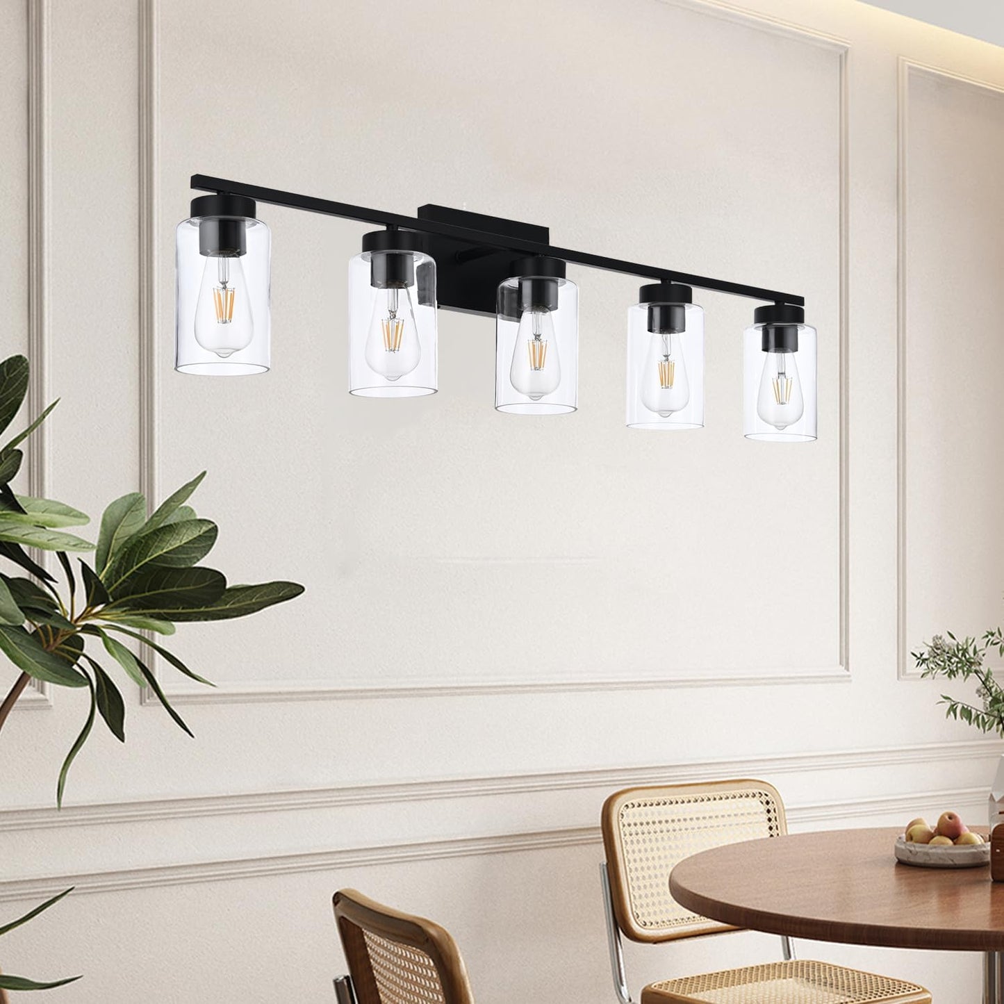 5 Light Bathroom Vanity Light Fixtures, Matte Black Modern Wall Lights with Clear Glass Shade, Vintage Wall Sconce Lighting for Living Room, Mirror, Bedroom, Hallway (Black, 5-Lights)