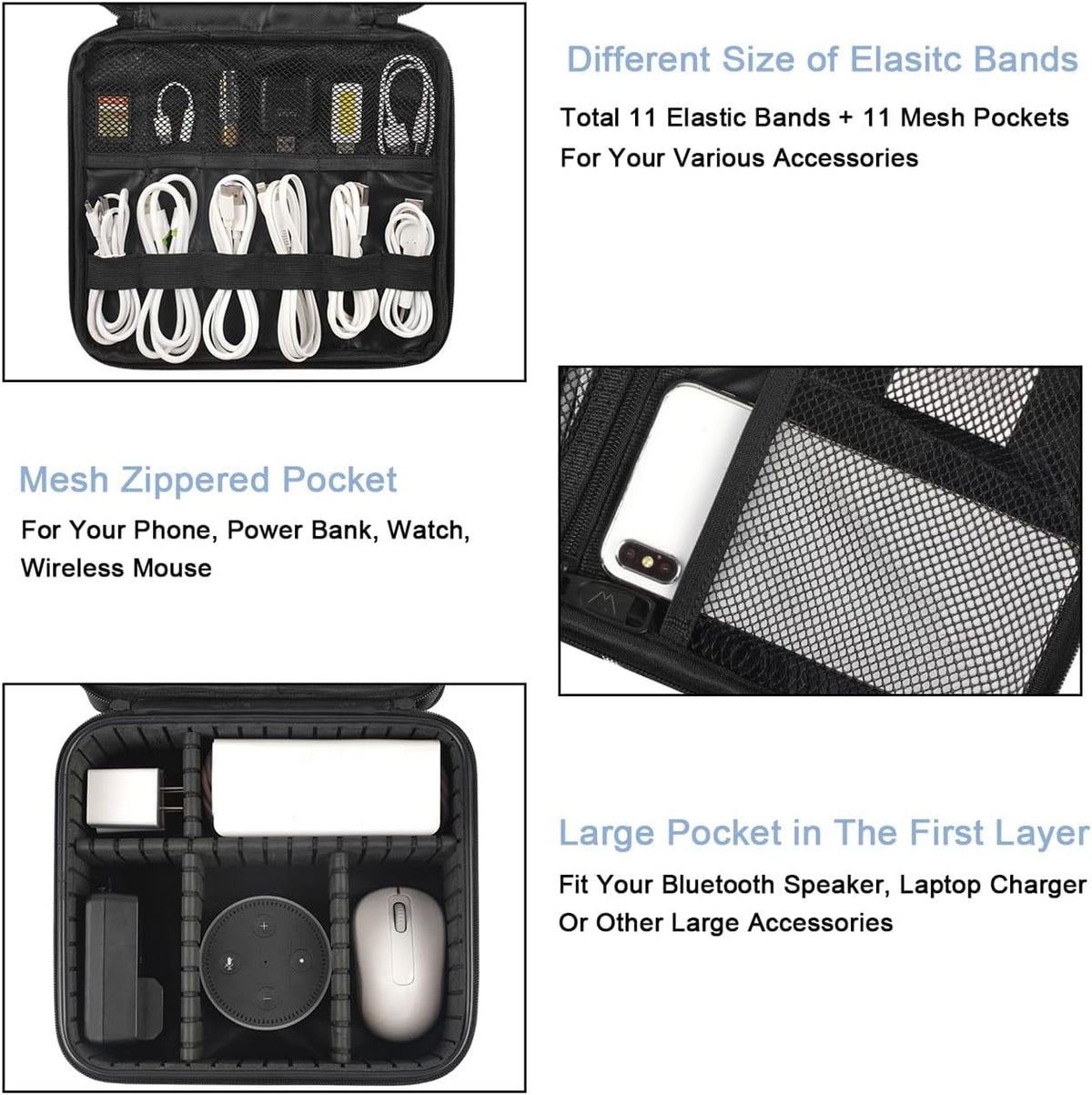 MATEIN Cable Organizer Bag, Waterproof Travel Electronic Storage, Shockproof Portable Double Layer Tech Bags Carrying Case for Cord, Earbuds, Charger, SD Card, DJ Gifts, Black