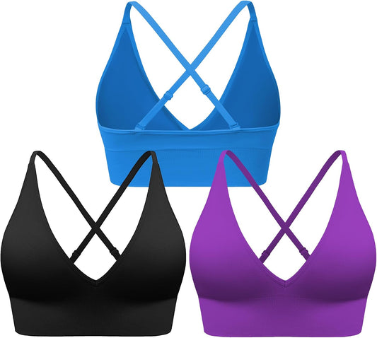 Women's V Neck Sports Bras, Adjustable Seamless Wireless Padded Bralettes