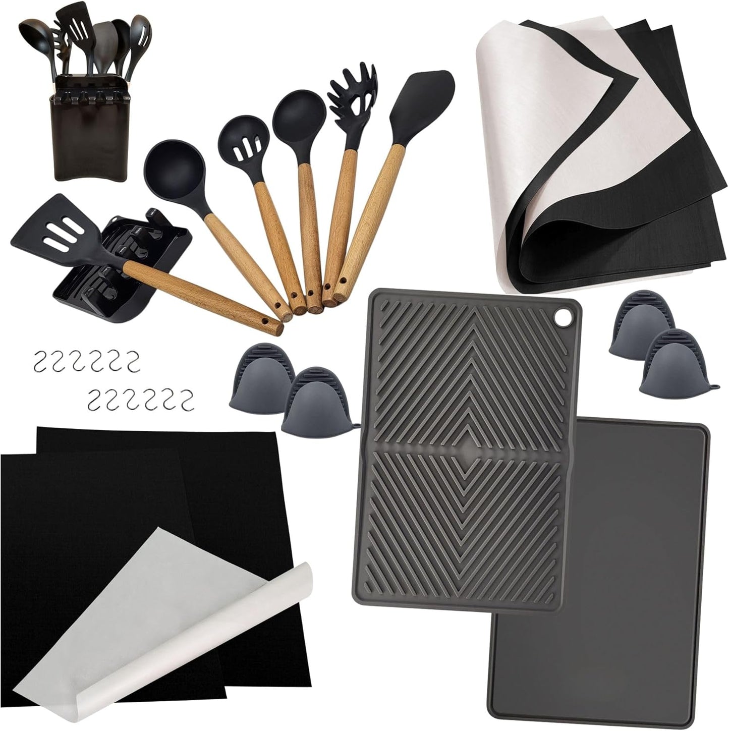 Complete Kitchen Essentials Set - Silicone & Wood Utensils, Spoon Rest, Utensils Holder, Non-Stick Baking Mats & Grilling Mats, Mini Oven Mitts, Combo Cutting Board & Dish Drying Pad