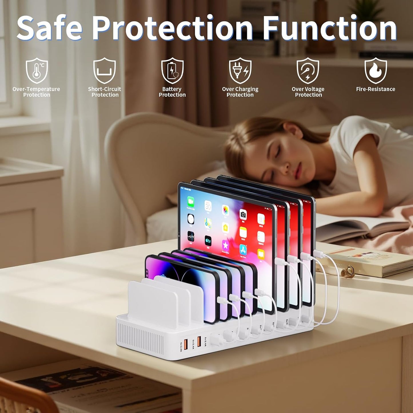 60W Charging Station for Multiple Devices, 10-Port USB Fast Charger | Device Organizer Charging Dock with 10 Mixed Charging Cable & Adjustable Dividers for iPhone, Android, iPad, Tablets & More