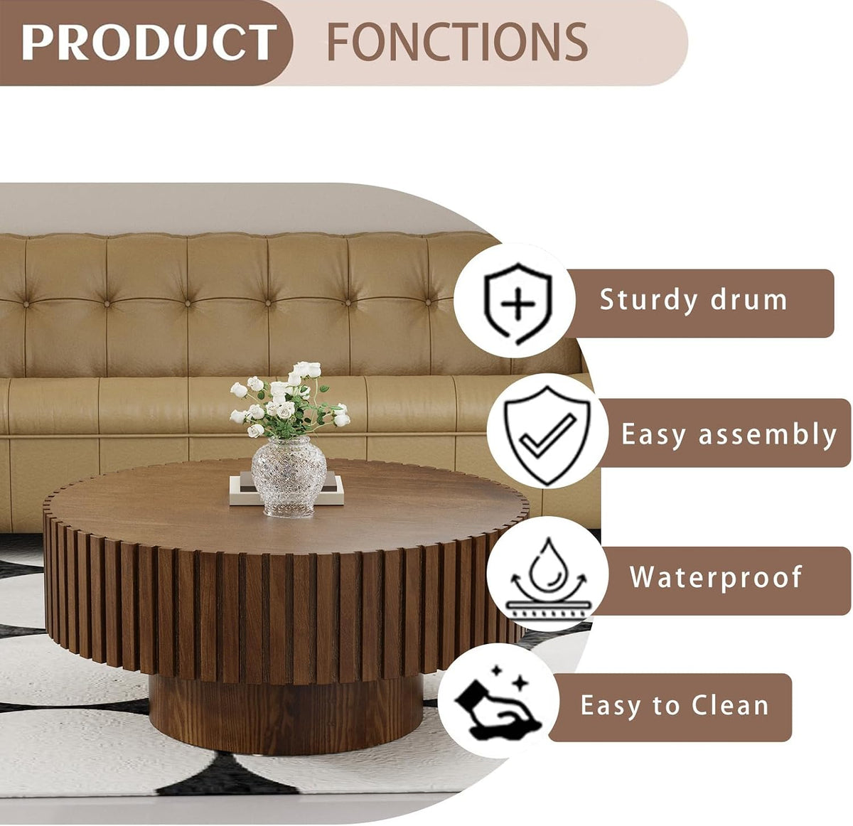Modern Round Coffee Table for Living Room (Round Dark Brown)