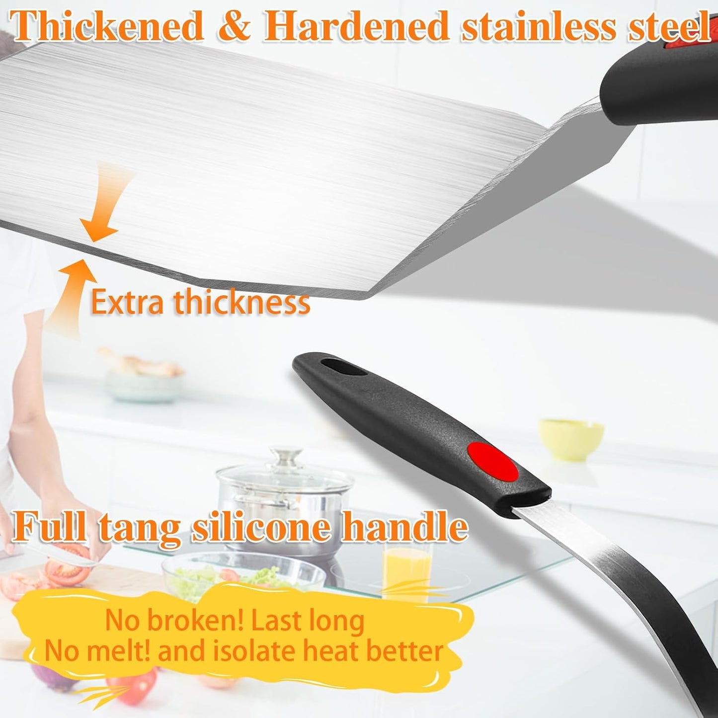Spatula Set 6-Piece - kitchen utensils set cooking Stainless Steel Turner Set, 600°F Heat Resistant, Metal Spatulas for Griddle/Cast Iron & Nonstick Safe Silicone Tools for Egg, Pancake, Burger