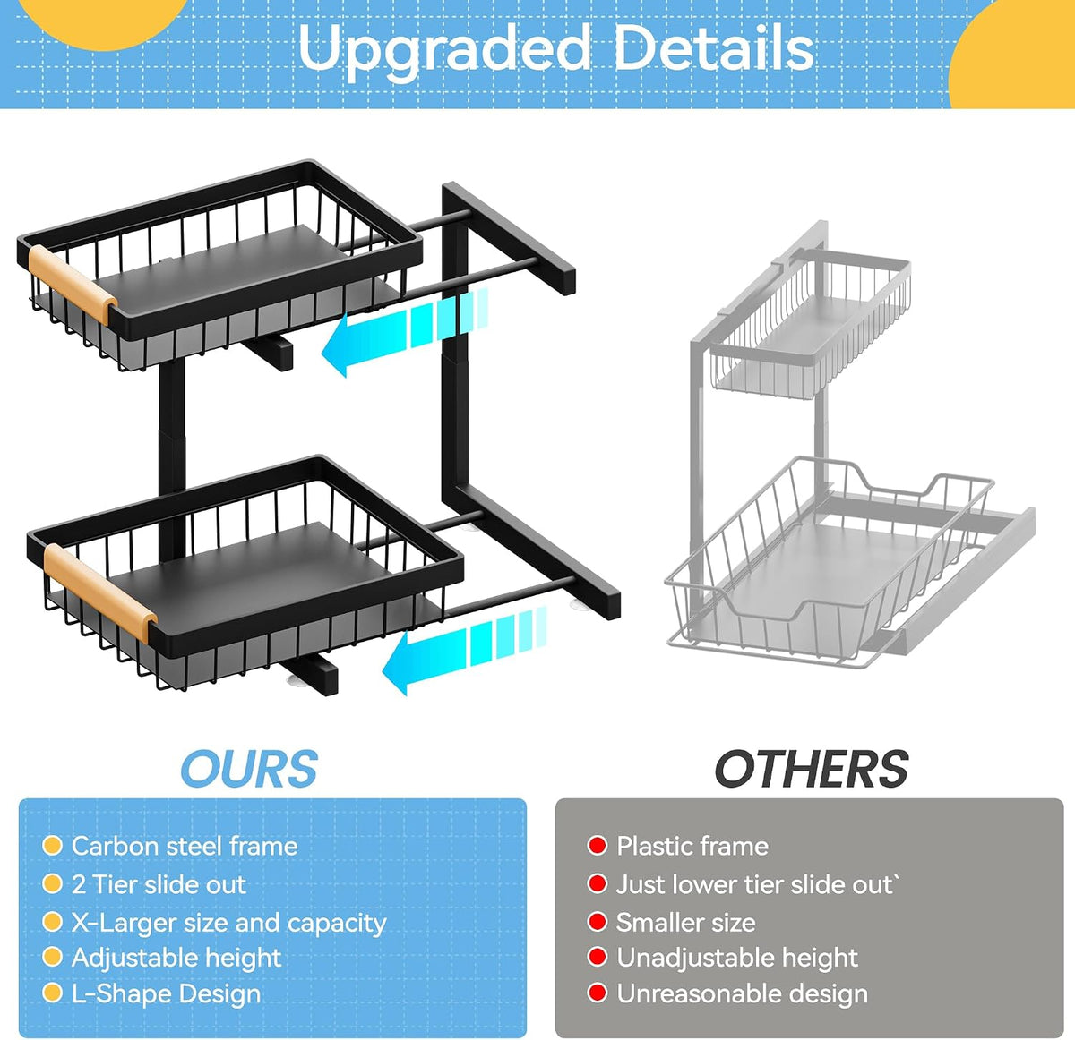 ADBIU Under Sink Organizer 2 Packs 2 Tier Expandable Height Under-Sink Organizers Slide Out Pull Out Organizer Shelf, Black
