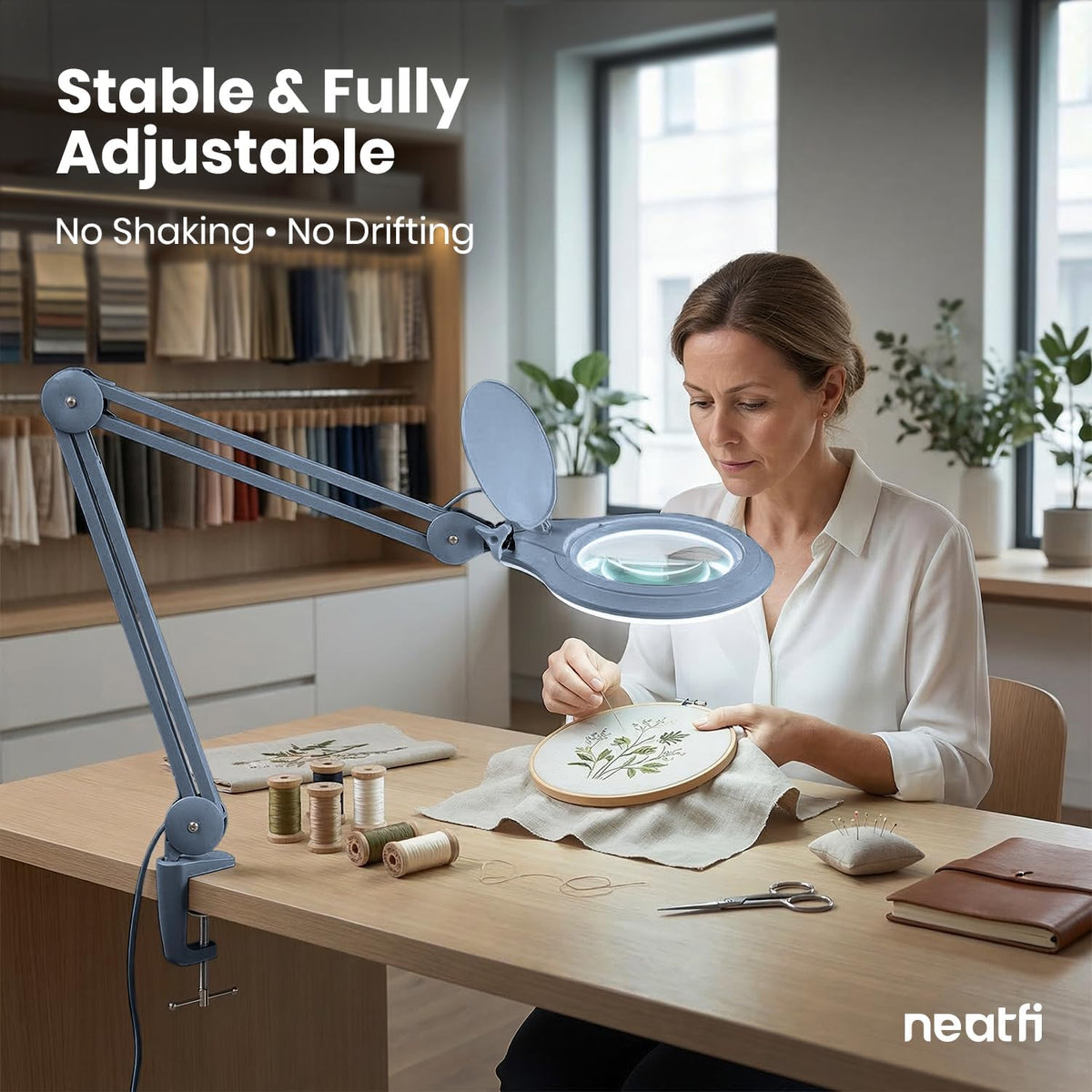 Neatfi LED Bifocal Magnifying Lamp 1,200 Lumens – 5” Glass Lens, Dual Magnification 2.25X/6X, Dimmable | Adjustable Arm with Clamp | Crafting, Jewelry & Reading (5 Diopter + 20 Diopter, Gray)