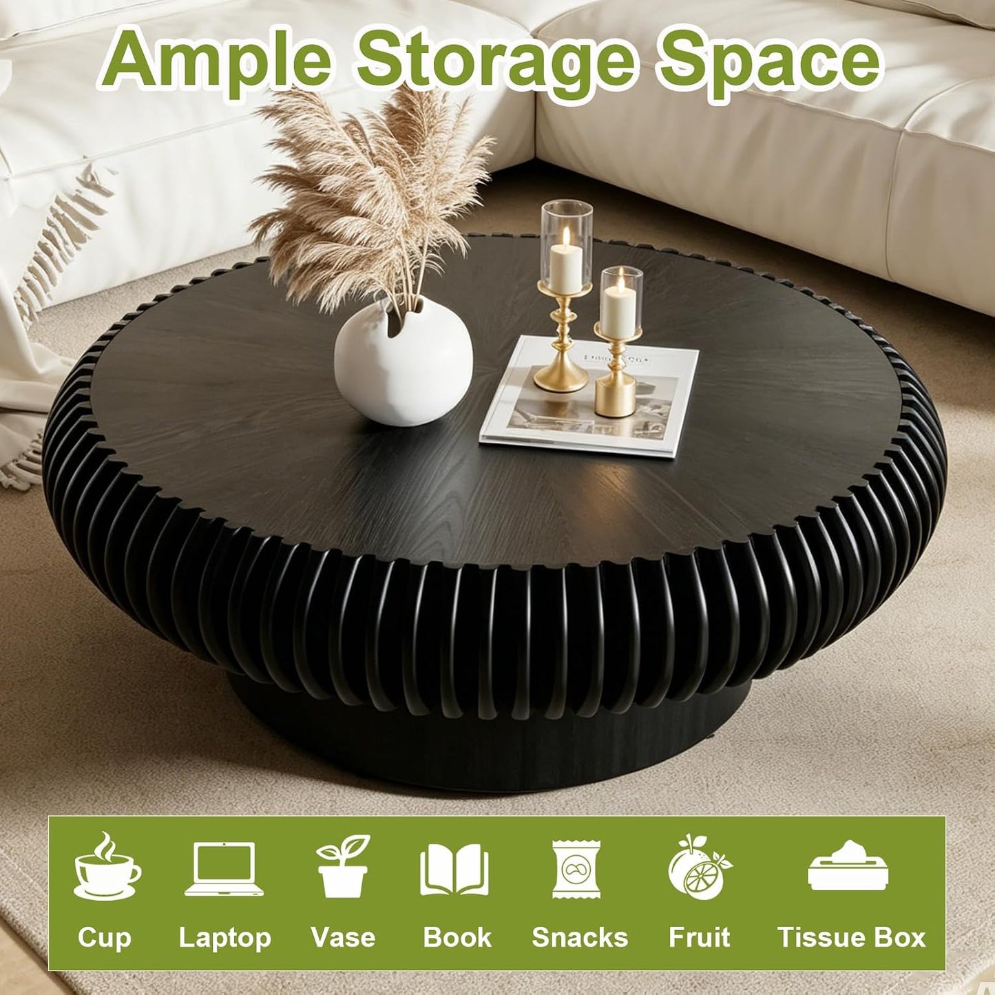 39 inch Black Round Fluted Wood Drum Coffee Table (K, 1PC) | Wood Veneer Tabletop & Base, Non-Slip Base Pads, For Living Room, Mid Century Modern Style, For Small Spaces, Easy Assembly