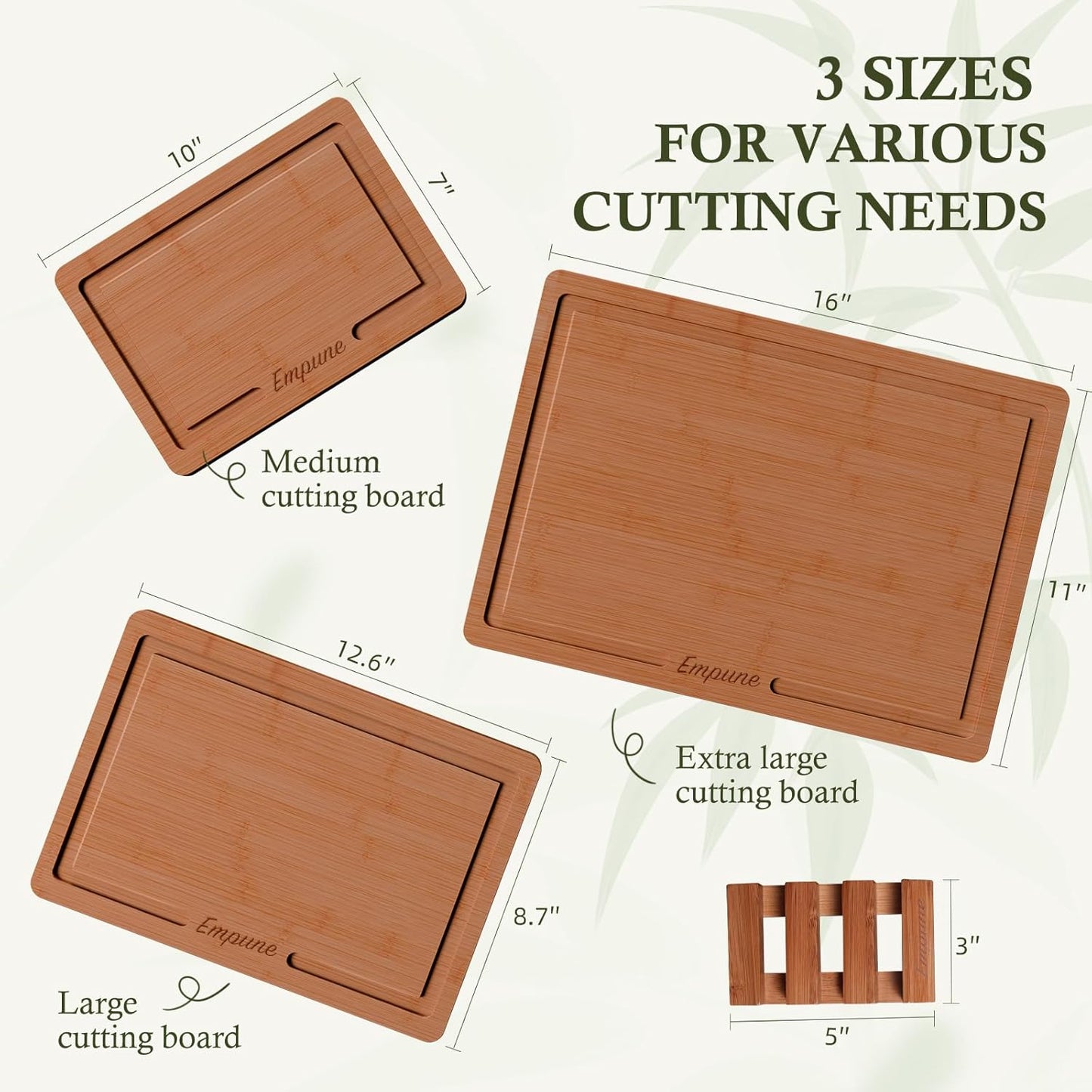 Empune Bamboo Cutting Boards for Kitchen, 3 Piece Extra Thick Cutting Board Set with Juice Groove, Deep Carbonized Bamboo Chopping Board, Reversible Wood Cutting Board for charcuterie boards, Brown
