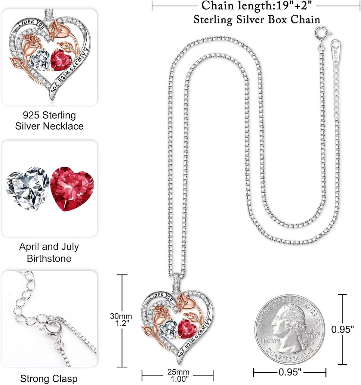 Iefil Birthstone Necklace for Women - Rose Heart Necklace