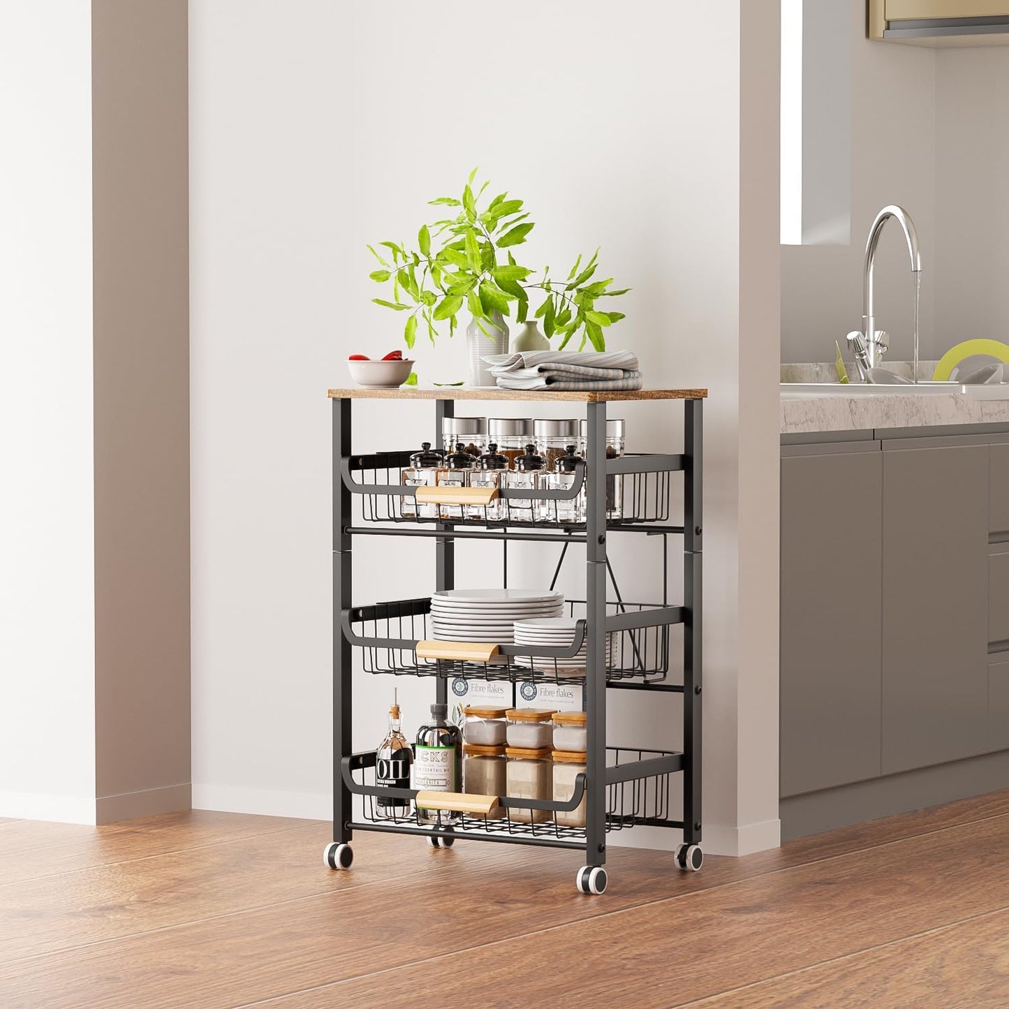 NiuYichee 4-Layer Fruit Basket Kitchen Food Storage Organizer and Storage Rack, Stackable Storage cart with Desktop, Pull-Out Hollow Metal Storage Basket, liding Out Storage,White