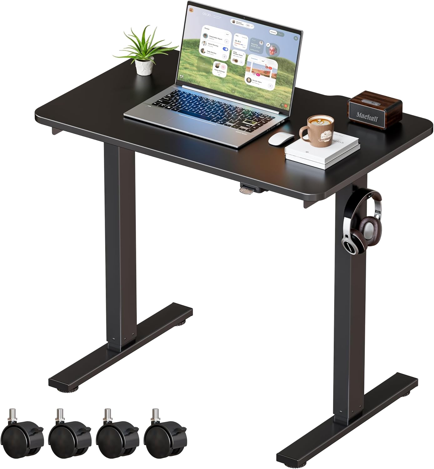 Okin Electric Standing Desk 31.5x19.7 Inches Small Computer Desk-Whole Piece Stand up Desk with Wheels Gaming Rolling Home Office Desks, Black