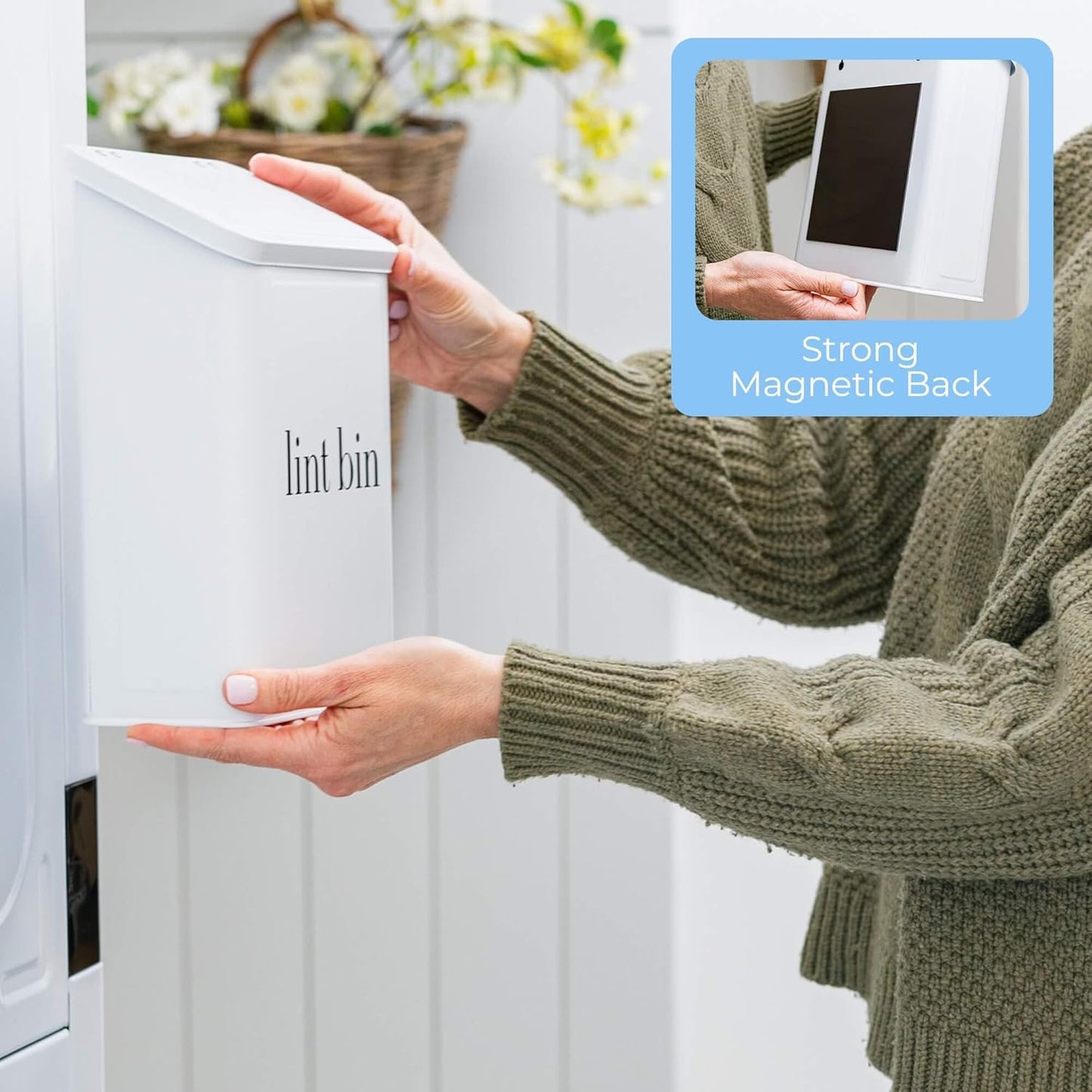 Magnetic Laundry Lint Bin for Dryer | Wall-Mounted Small Trash Can for Laundry Room | Includes Magnetic Hook & Lint Brush | Space-Saving Magnetic Laundry Trash Can | Matte White