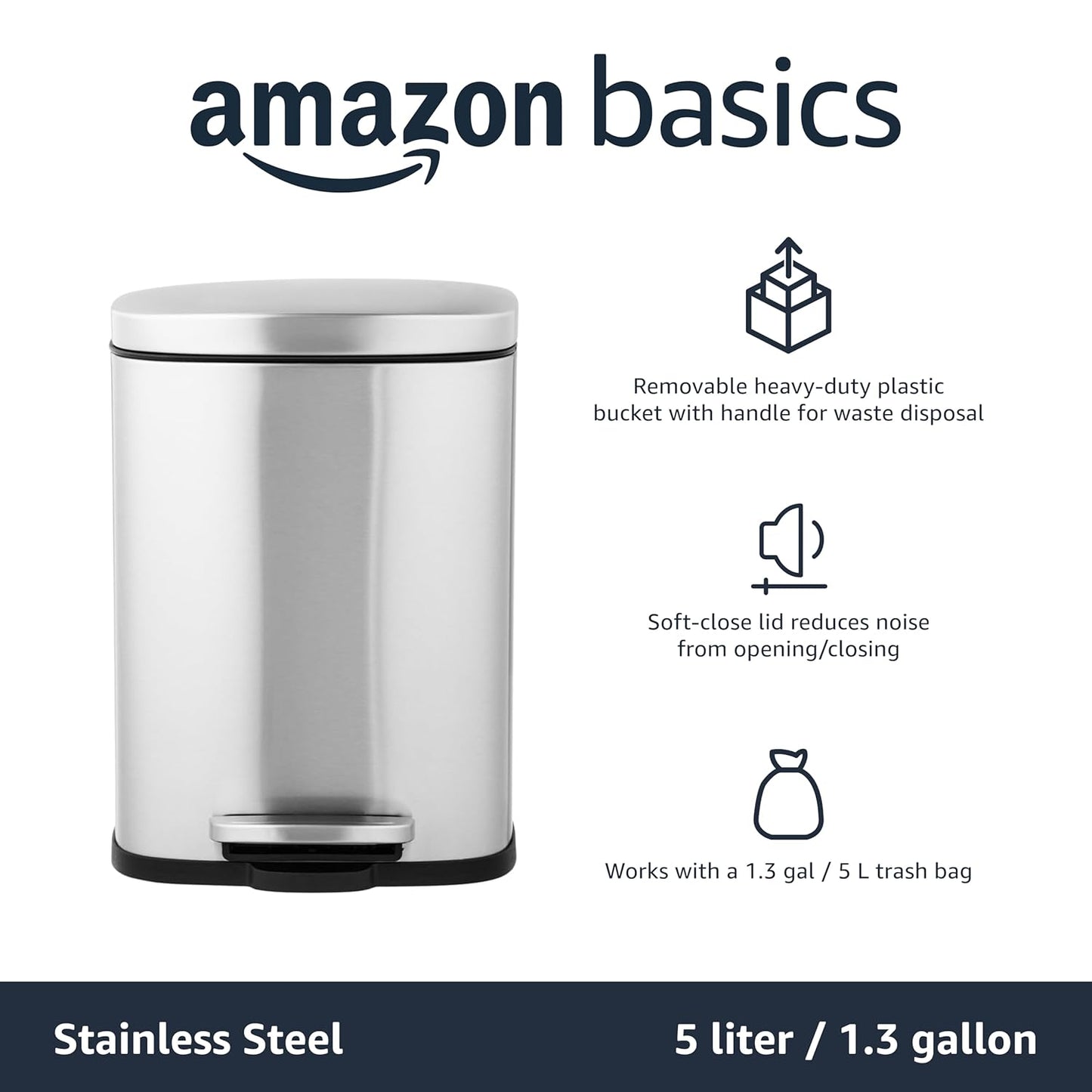 Amazon Basics MINI Trash Can, 1.32 Gallon (5L) Smudge Resistant Rectangular Bin with Soft-Close Lid, Step Foot Pedal, Removable Inner Bucket, Brushed Stainless Steel, for Bathroom, Satin Nickel Finish