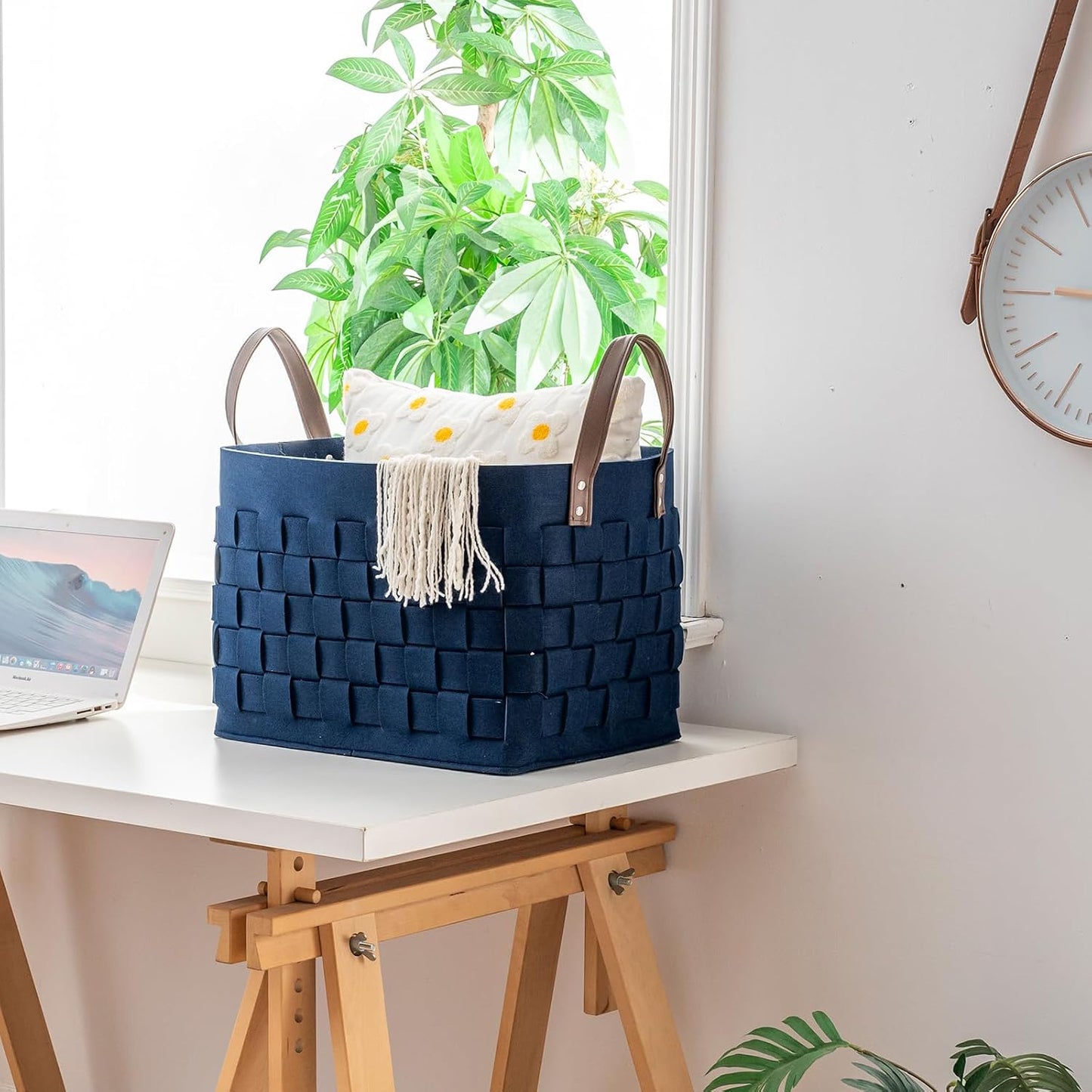 boldmonkey Blankets Basket 16.5 " x13 x13 , Extra Large Rectangular Laundry Hamper with Leather Handle, Soft Dog Toy Basket for Storage-Navy Blue